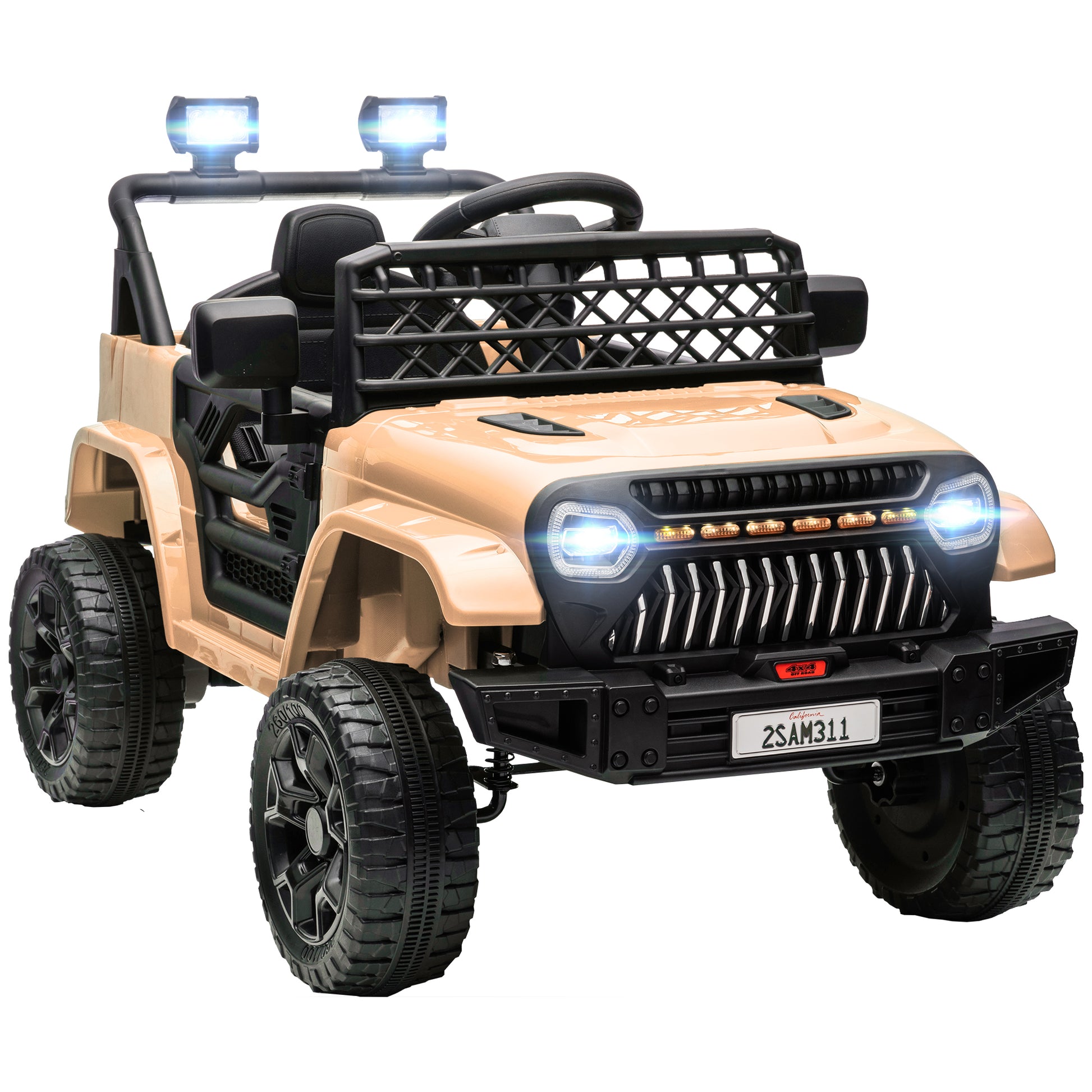 Qaba 12V Ride On Truck, Battery Powered Kids Electric Car Utv With 4 Suspension Wheels, Remote Control, 3 Speeds, Led Headlights, Horn, Usb Music, Khaki Khaki Plastic