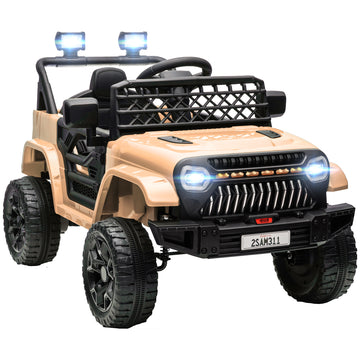 Qaba 12V Ride On Truck, Battery Powered Kids Electric Car Utv With 4 Suspension Wheels, Remote Control, 3 Speeds, Led Headlights, Horn, Usb Music, Khaki Khaki Plastic