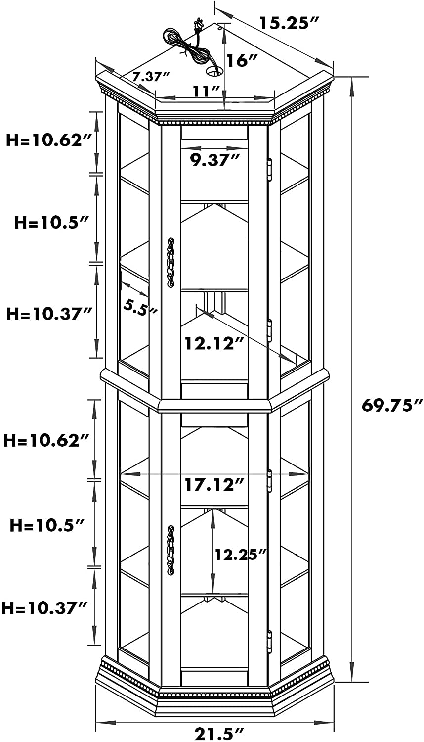 Corner Curio Cabinet With Lights, Adjustable Tempered Glass Shelves, Mirrored Back, Display Cabinet,Light Walnut E26 Light Bulb Not Included Walnut Mdf