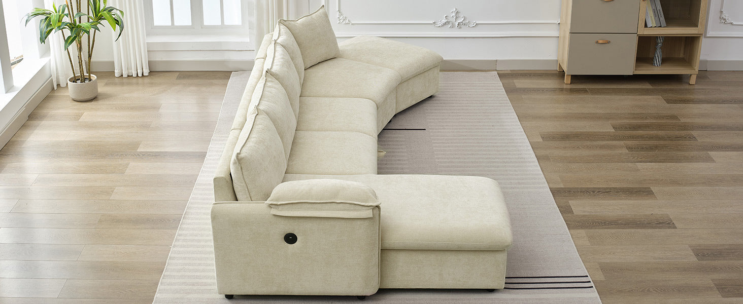 146.9" L Shaped Sofa Sectional Sofa Couch Pull Out Sofa Bed With A Movable Storage Ottoman, A Storage Chaise Lounge And Two Usb Ports For Living Room, Beige Beige Foam Linen 5 Seat