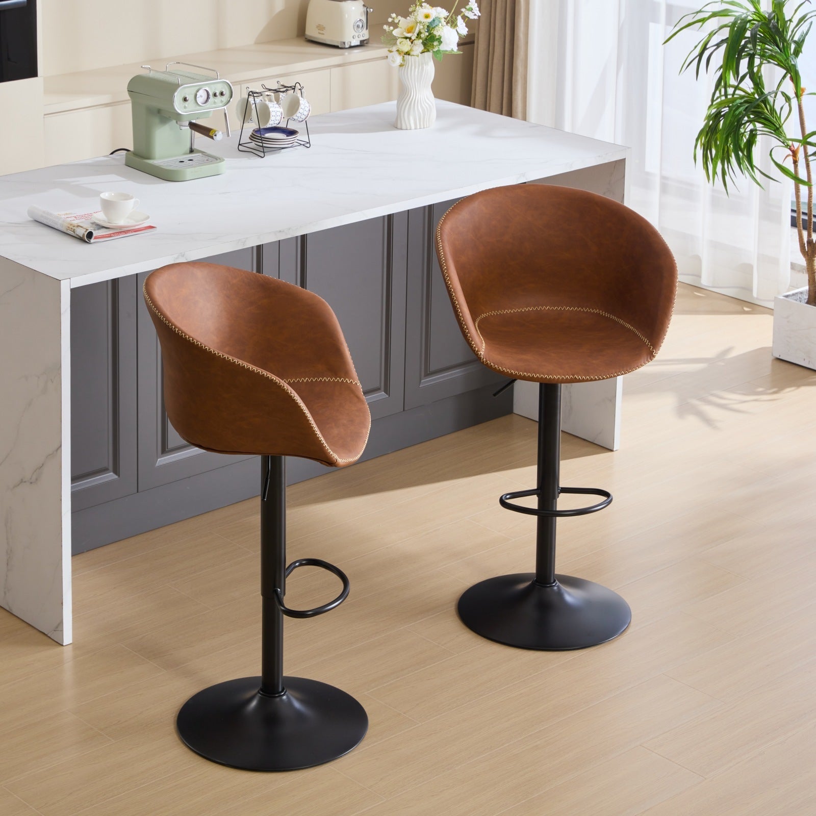 Adjustable Swivel Bar Stools, Mid Century Modern Pu Leather Upholstered Counter Height Bar Stool, Kitchen Island Barstools With Minimalism Style, 1 Chair 1Carton,Brown Brown Pu Mid Century Modern,Minimalist Bar Stools 1 Foam Pu Leather