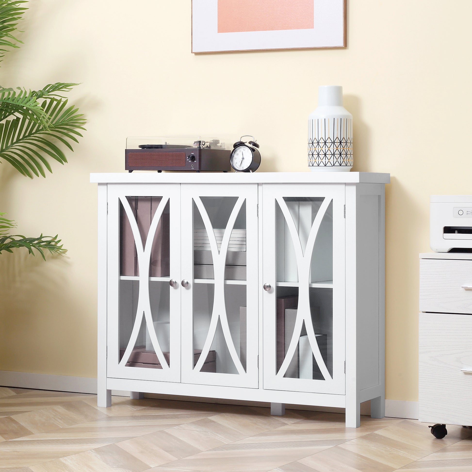 Homcom Sideboard, Buffet Cabinet With 3 Tempered Glass Doors, Arc Pattern And Adjustable Storage Shelf, Credenza, White White Mdf