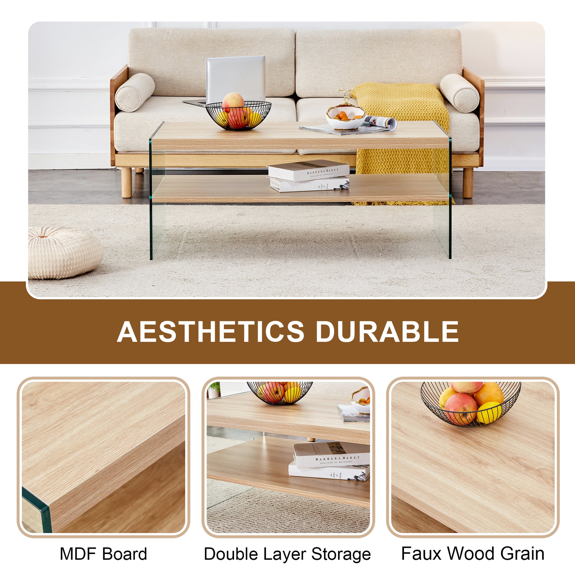 Double Layered Rectangular Coffee Table.The Board Is Made Of Mdf With Wooden Stickers, With Transparent Tempered Glass On Both Side.Suitable For Various Occasions Such As Living Rooms And Bedrooms. Wood Mdf Glass