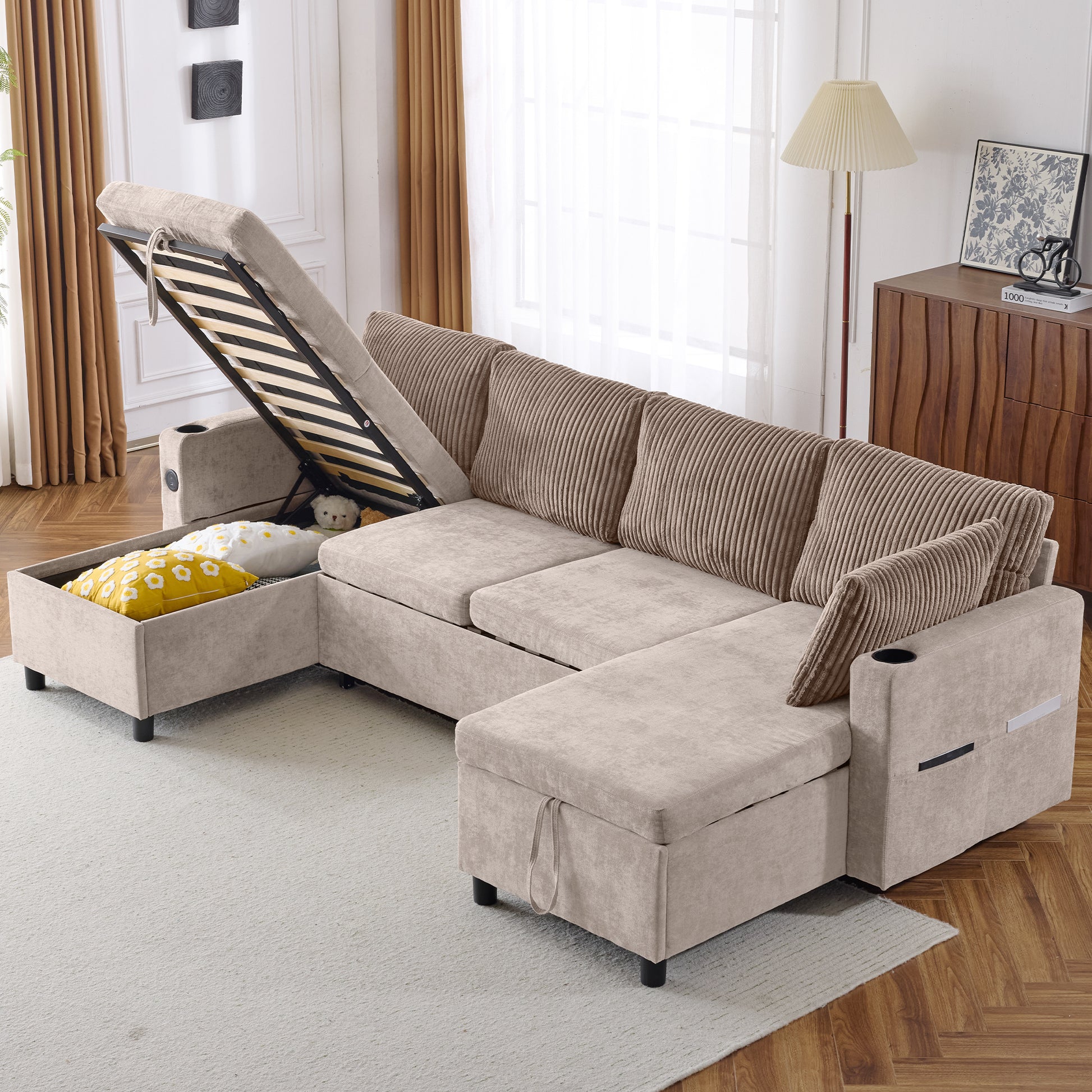 111.8" Sectional Sofa Pull Out Sofa Bed Versatile Sofa Sleeper With Large Storage Space, Two Usb Ports And Two Cup Holders For Living Room, Brown Brown Foam Chenille 4 Seat