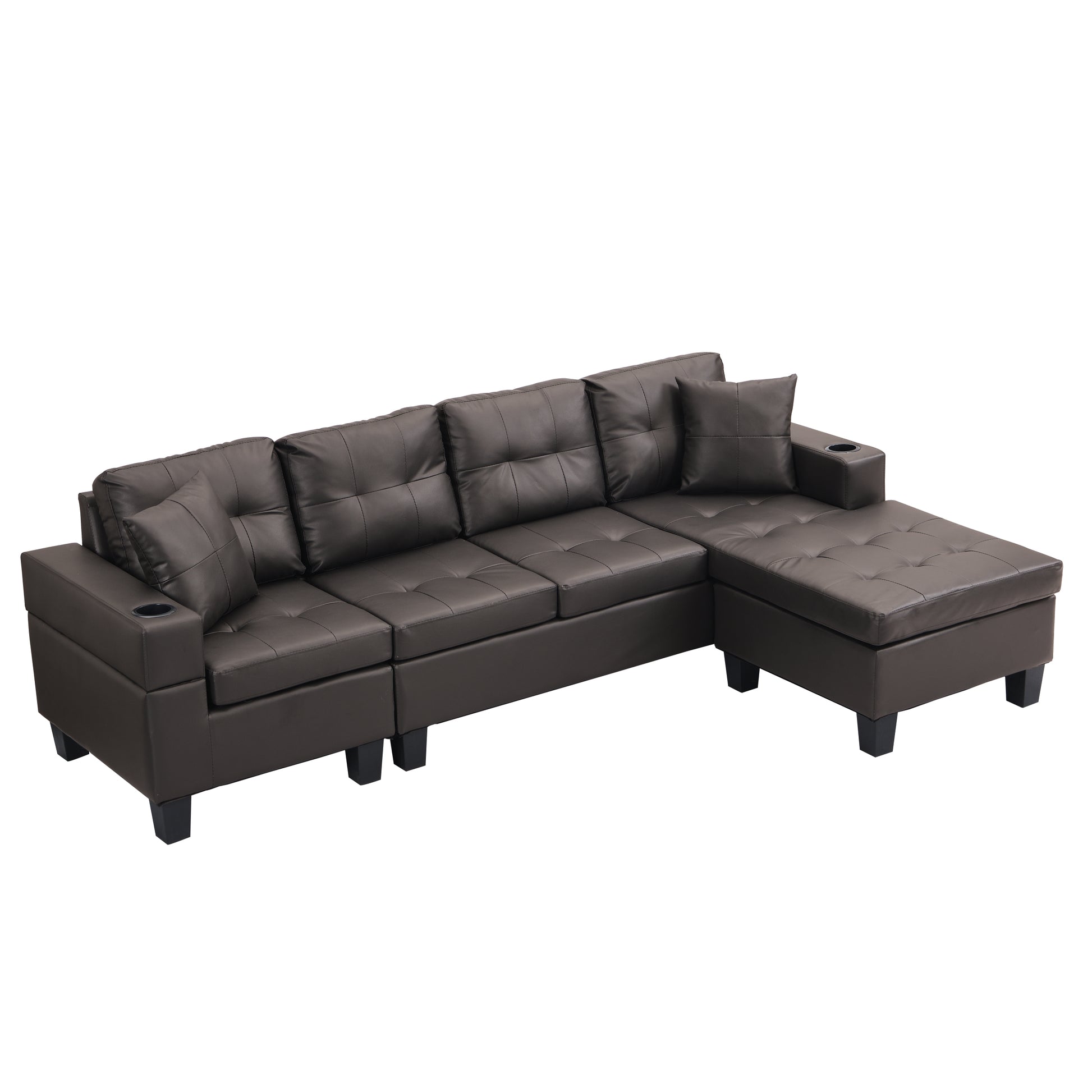 Sectional Sofa Set For Living Room With L Shape Chaise Lounge ,Cup Holder And Left Or Right Hand Chaise Modern 4 Seat Chocolate Brown Dark Brown Pu 4 Seat