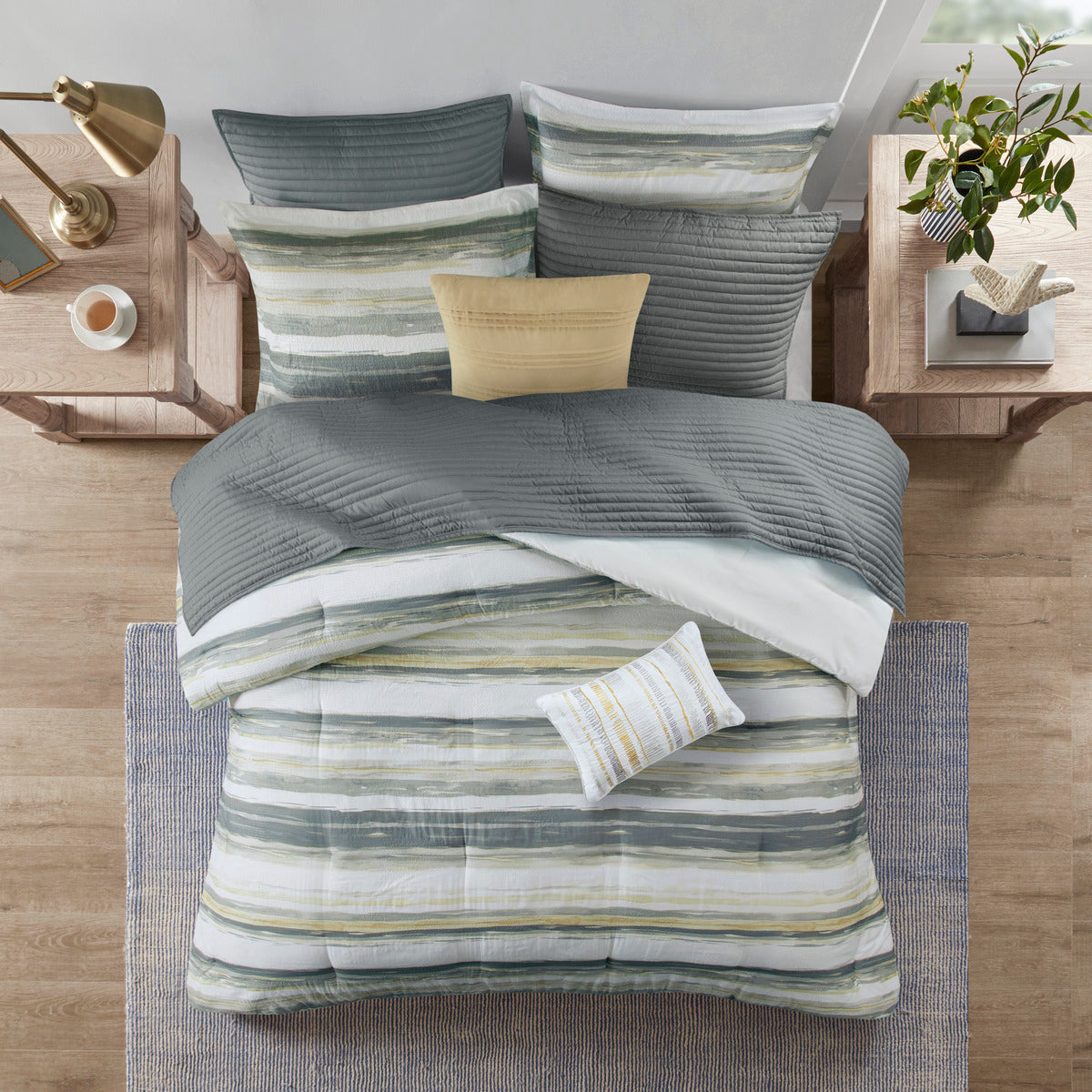8 Piece Printed Seersucker Comforter And Quilt Set Collection Yellow King Cal King King Yellow Polyester