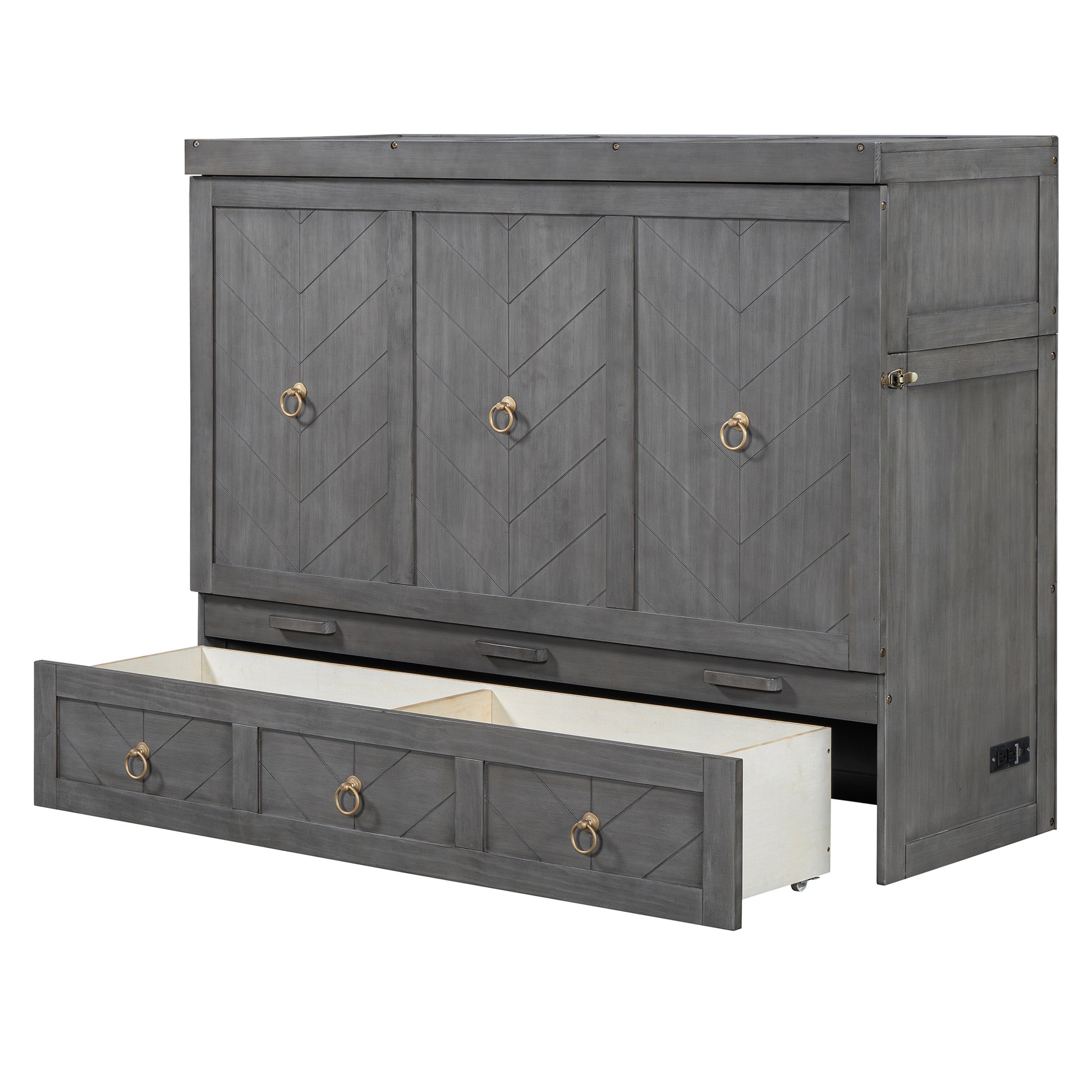 Queen Size Murphy Bed With Usb Port And A Large Drawer, Gray Gray Solid Wood Mdf