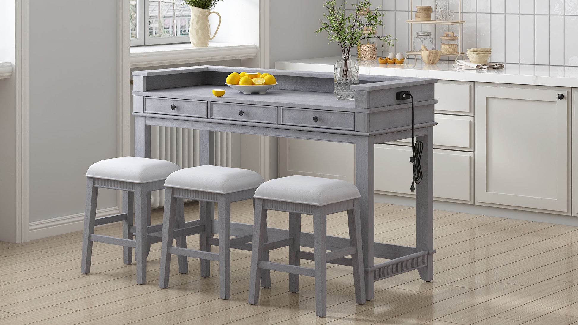 4 Piece Dining Table Set For 3, Retro Kitchen Table And Chairs Set With 3 Storage Drawers, Ideal For Small Spaces Gray Gray Mdf,Rubber Wood