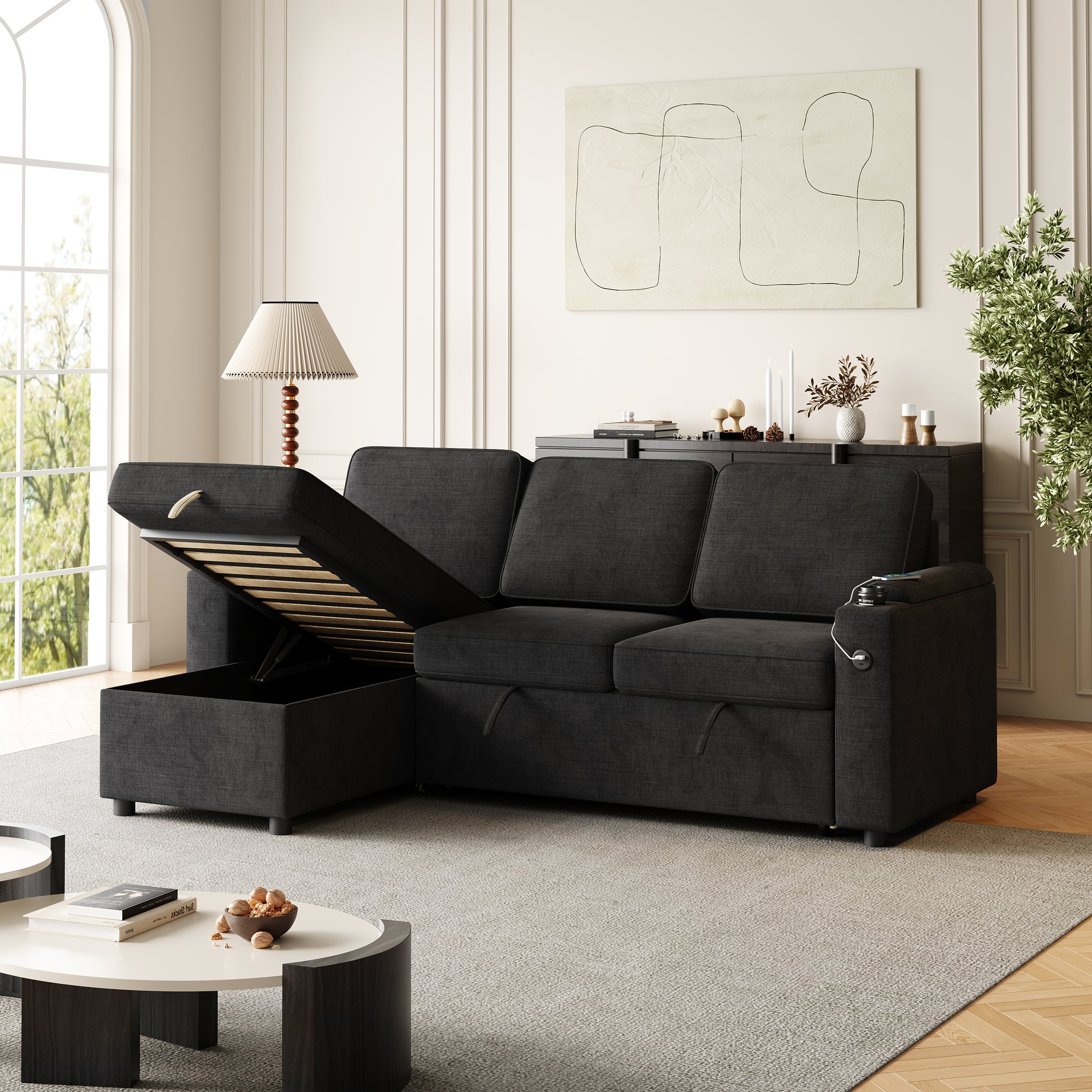 Mh85.8" Sleeper Sofa, Sofa Bed 2 In 1 Pull Out Sofa Bed With Storage Sofa, Sofa Sleeper With Pull Out Bed With Charging Port Black Polyester Primary Living Space Eucalyptus Polyester Fabric 3 Seat