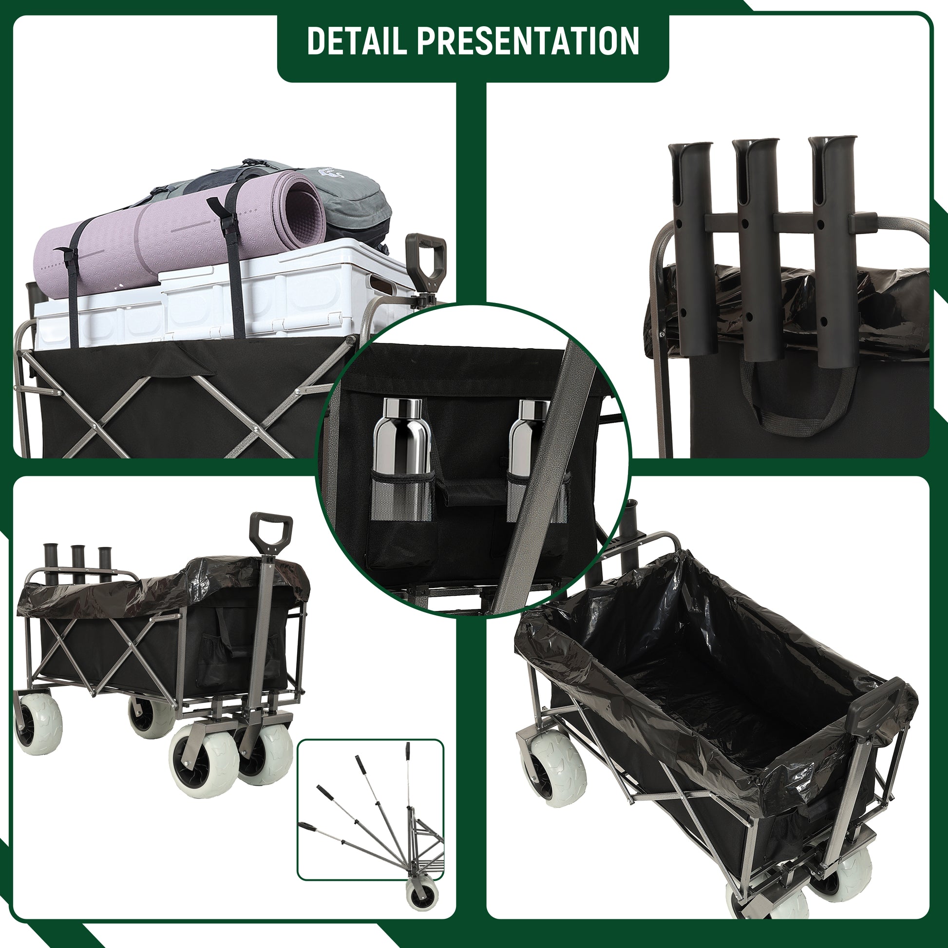 Fishing Cart With Rod Holders ,Beach Wagon With Big Wheels For Sand 500Lbs Capacity All Terrain Steel Frame Utility Cart With 9" Pneumatic Tires,Strap With Multiuse Bag ,Black Black Steel