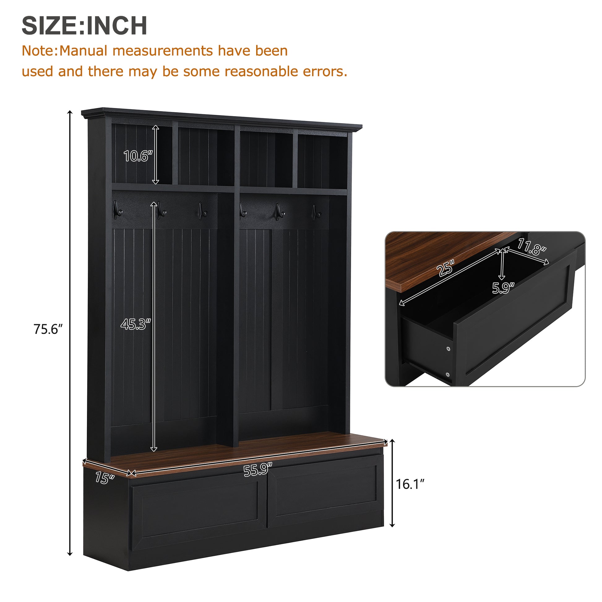 Farmhouse 4 In 1 Hall Tree With Wood Grain Bench, Mudroom Versatile Coat Rack With 2 Large Drawers, Large Entrance Organizer With 6 Black Hooks For Hallway, Living Room, Black, 55.9"Wx75.6"H Black