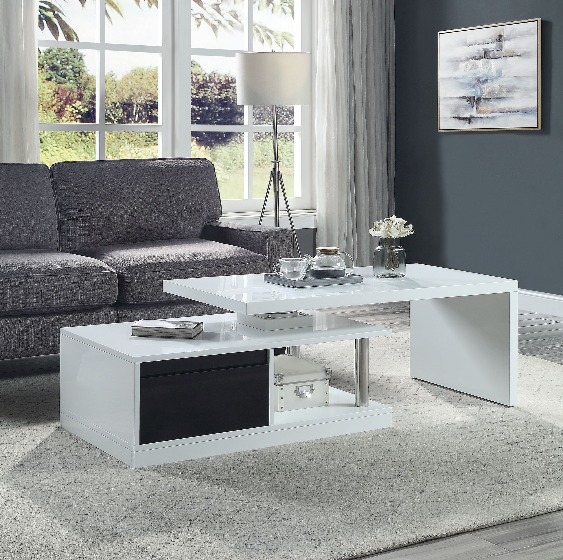 White And Black High Gloss Coffee Table With Swivel Top White Black Primary Living Space Contemporary Drawers Rectangular Wood Metal