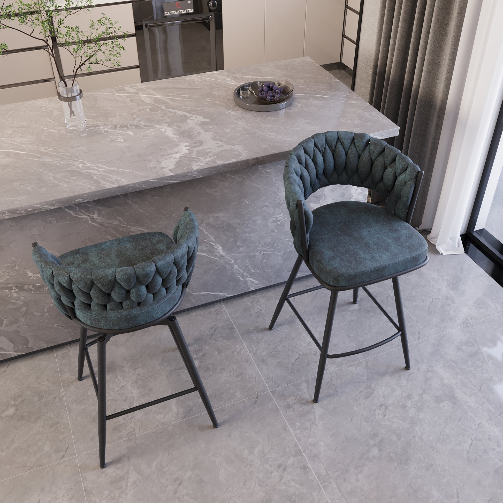 Bar Chair Suede Woven Bar Stool Set Of 4,Black Legs Barstools No Adjustable Kitchen Island Chairs,360 Swivel Bar Stools Upholstered Bar Chair Counter Stool Arm Chairs With Back Footrest, Blue Metal Blue Kitchen Dining Chairs Foam Technical Leather