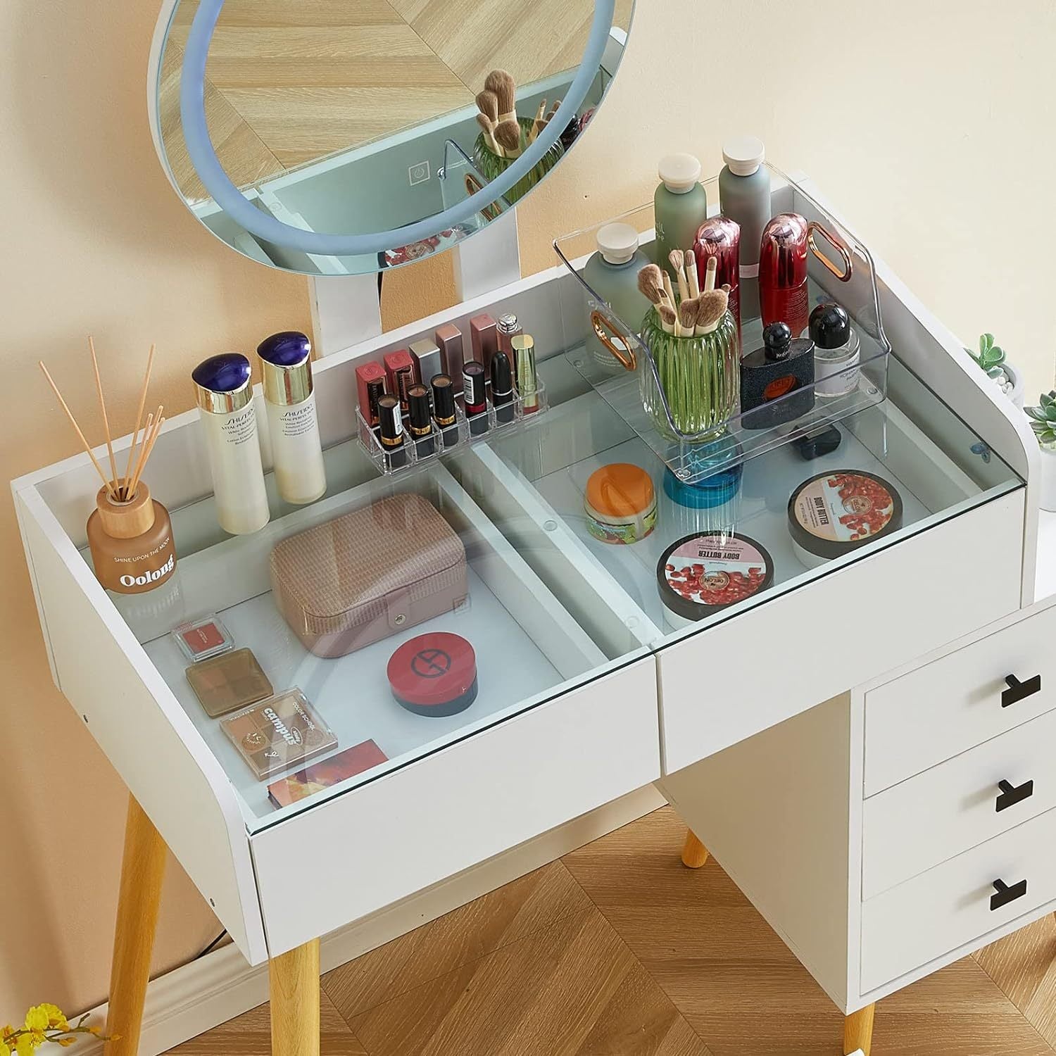 Dressing Table With Led Lights Glass Top Dressing Table With Extendable Side Table 5 Drawers Dressing Table With Mirror And Stool For Bedroom White Drawer 5 Drawers & Above Bedroom Modern Mirror Included White Particle Board Mdf