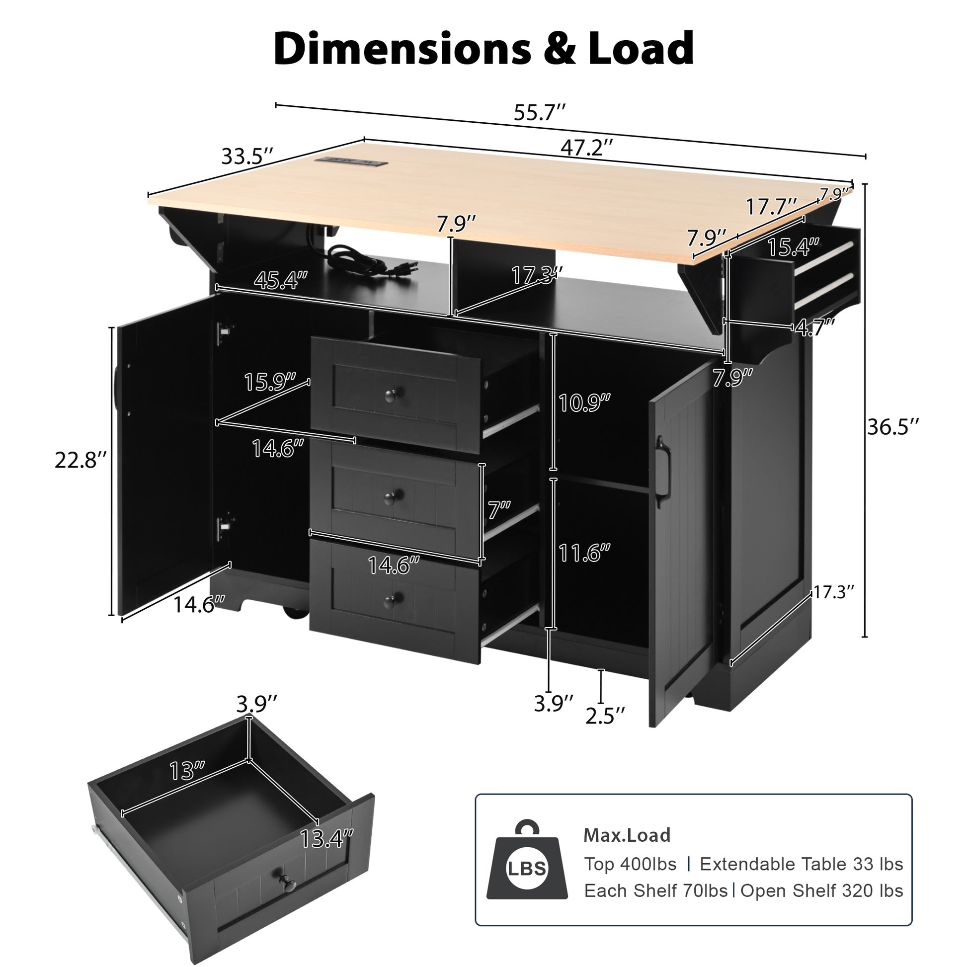 K&K 55.7'' Large Kitchen Island With 2 Drop Leaf, Rolling Kitchen Cart On 5 Wheels With Power Outlet, Folding Storage Dining Table With Spice & Towel Rack3 Drawers, For Kitchen, Dining Room,Black Black Brown Kitchen Classic,Farmhouse,Luxury,Modern