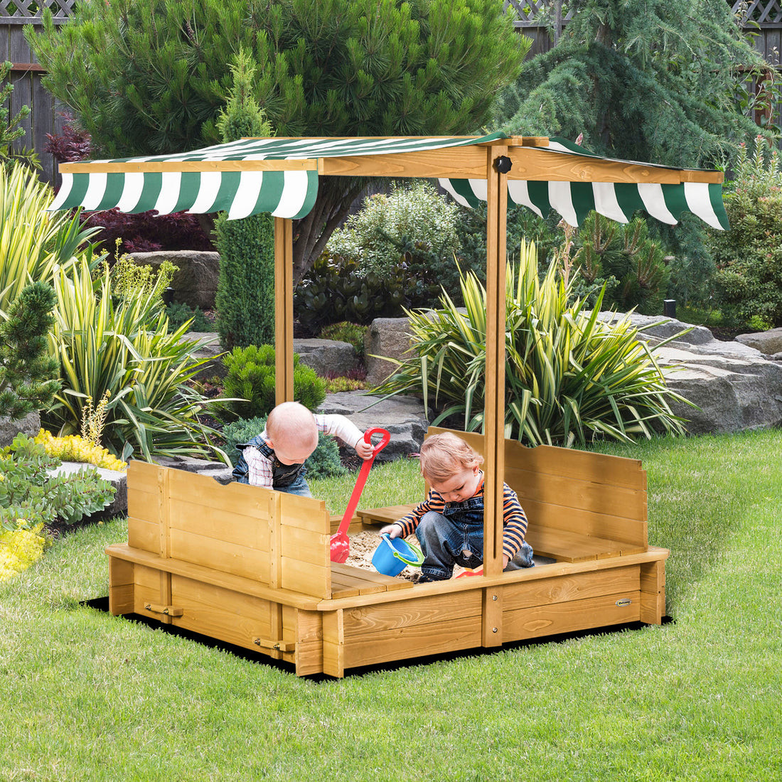 Outsunny Wooden Kids Sandbox With Cover, Children Outdoor Sand Box With Foldable Bench Seats, Adjustable Canopy, Bottom Liner For Outdoor, Brown Colorful Polyester