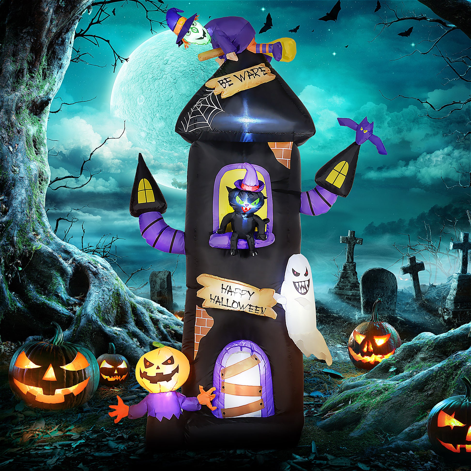 Outsunny 8.5Ft Halloween Inflatables Horror Tree House With Witch, Black Cat, Ghost And Pumpkin Man, Blow Up Halloween Decorations Outdoor Led Yard Display, Waterproof Black Polyester