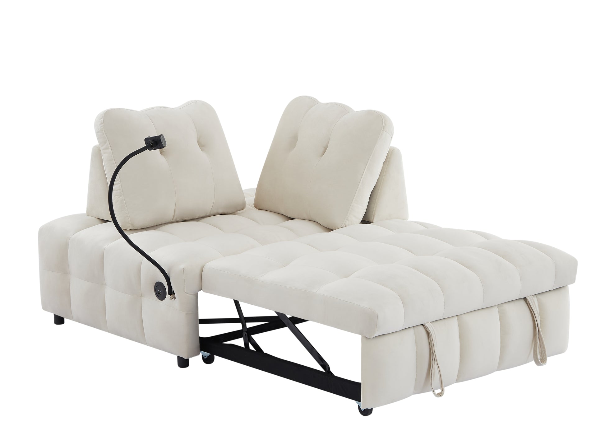 Modern Sofa Velvet Pull Out Bed,Independently Removable Backrest, Have Usb Port And Swivel Phone Stand ,Beige Beige Wood Velvet 2 Seat