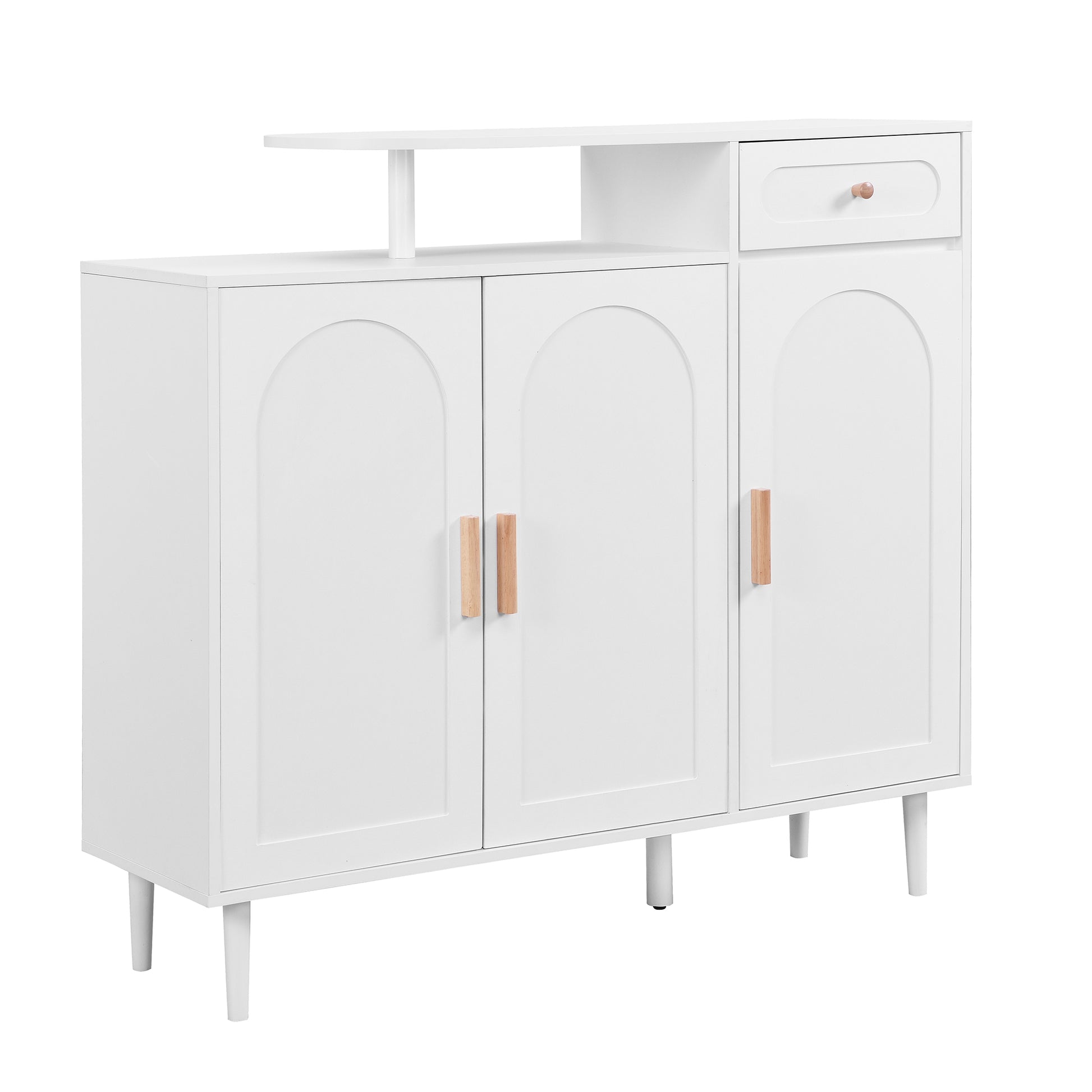 Elegant Shoe Cabinet With Arched Doors And Drawer, Cream Style Storage Sideboard With Adjustable Shelves And Solid Wood Legs For Entryway, Living Room, White Freestanding 1 2 Drawers White Primary Living Space Adjustable Shelves Particle Board Mdf