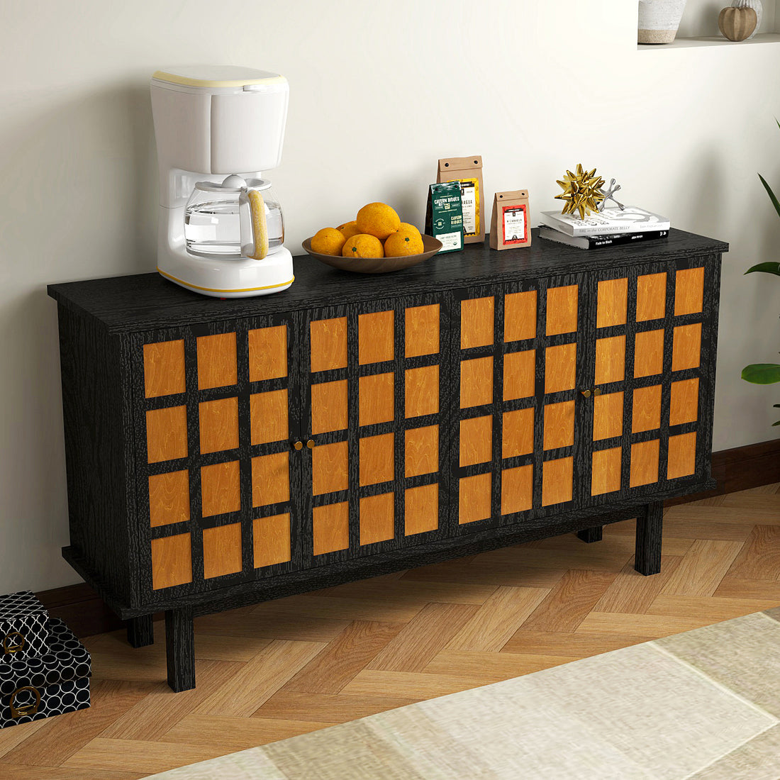 Modern Wood Tv Stand, Entertainment Center For Tvs Up To 65", Sideboard Buffet Cabinet Credenza, Slatted Media Console For Living Room, Wooden Furniture For Living Room & Bedroom Black 60 69 Inches 60 Inches Solid Wood Mdf