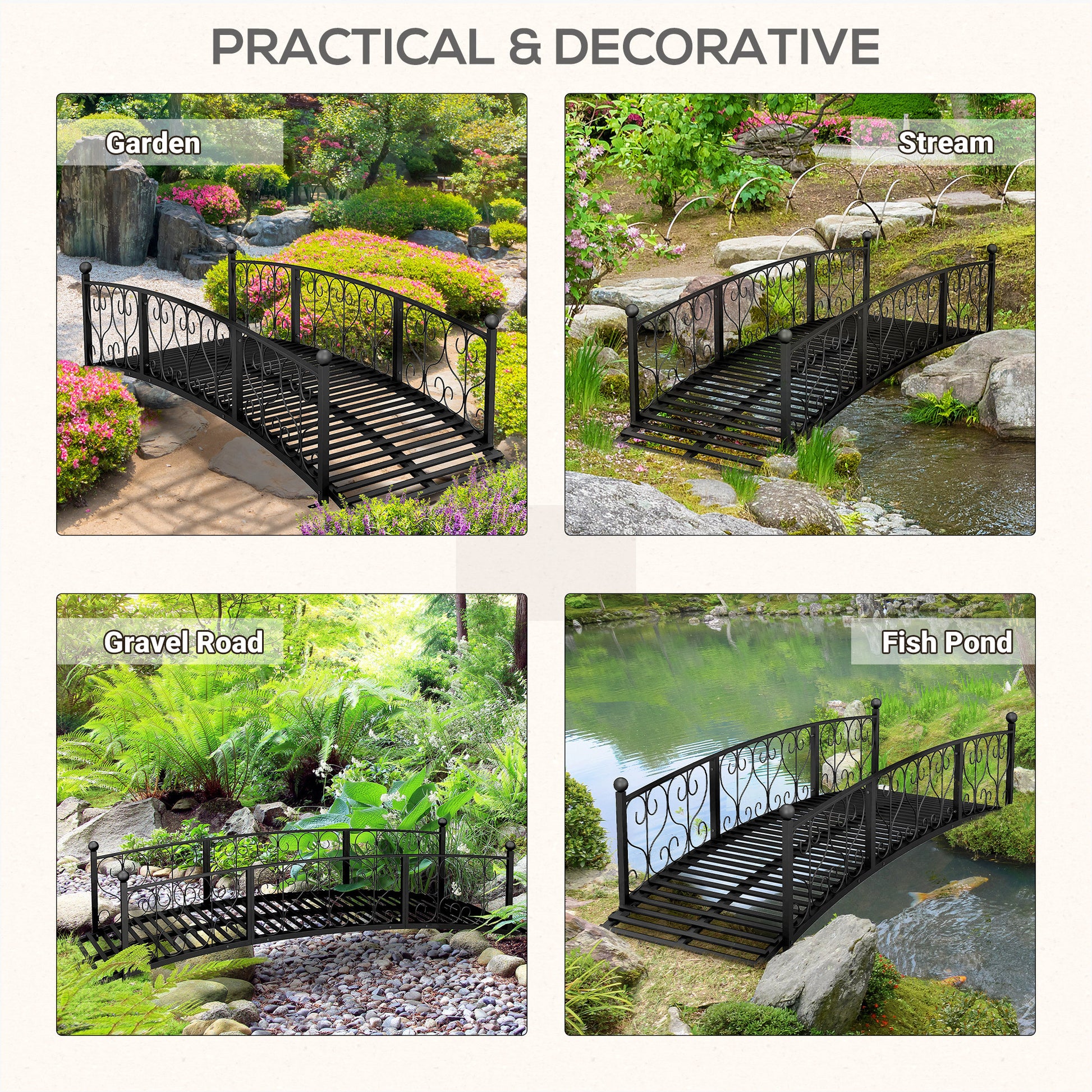 Outsunny 7' Metal Arch Garden Bridge With Safety Siderails, Decorative Arc Footbridge With Delicate Scrollwork "S" Motifs For Backyard Creek, Stream, Fish Pond, Black Black Steel