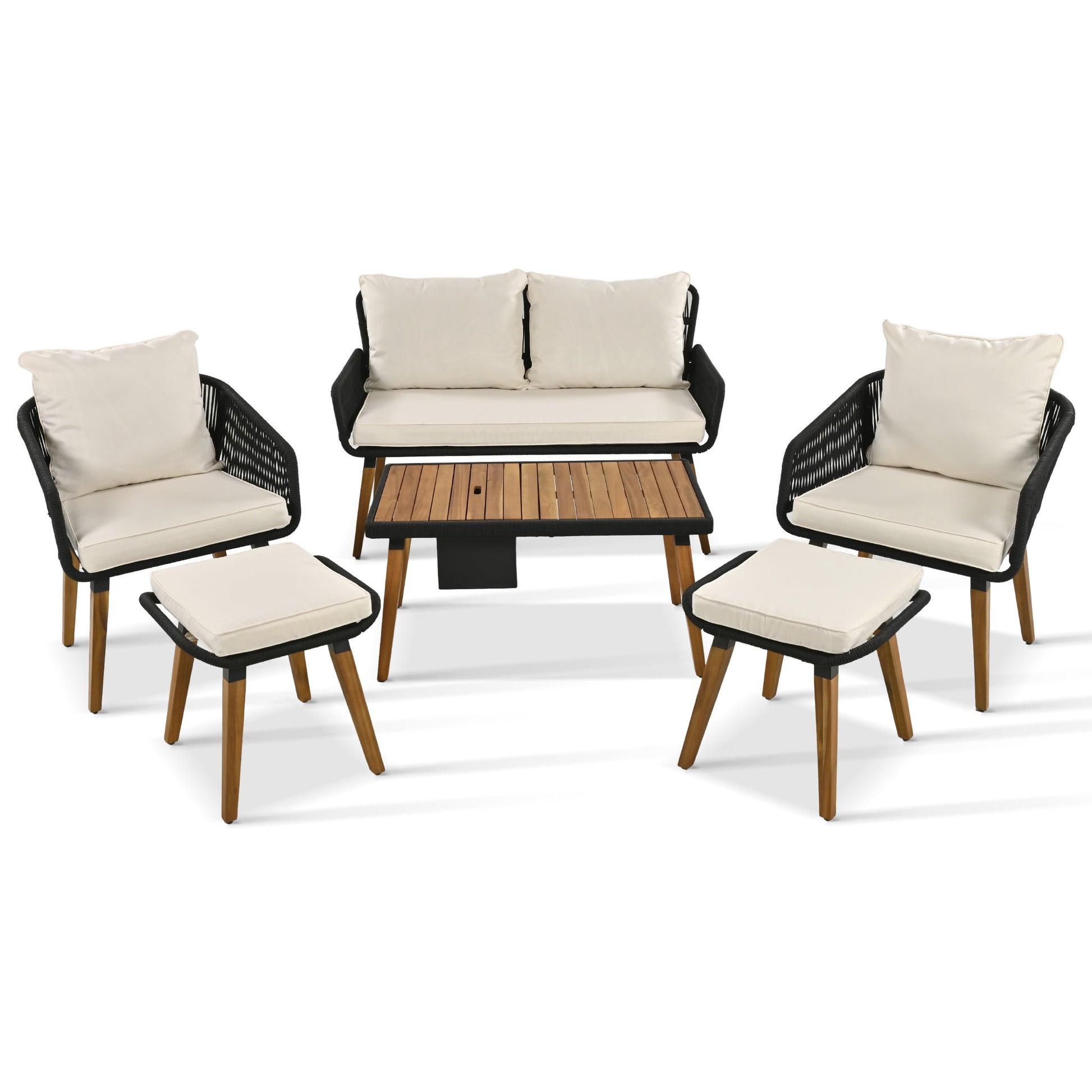 K&K 6 Piece Rope Patio Furniture Set, Outdoor Furniture With Acacia Wood Cool Bar Table With Ice Bucketdeep Seat Patio Conversation Set With Two Stools For Backyard Porch Balcony Black & Beige Yes Complete Patio Set Beige Black Seats 6 Weather Resistant