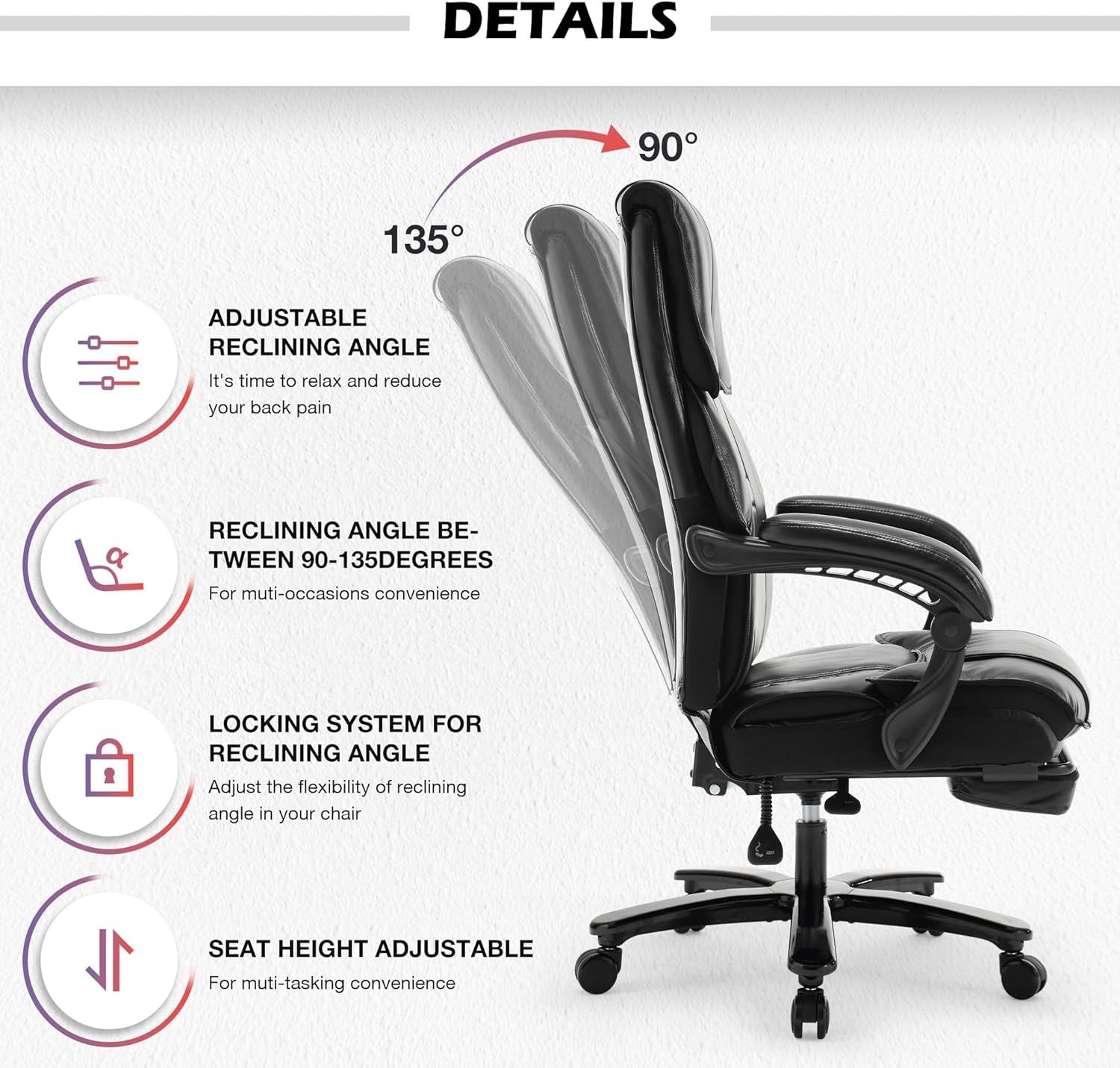 500Lbs Big And Tall Office Chair Wide Seat For Heavy People With Quiet Wheels Heavy Duty Metal Base High Back Larger Size Pu Leather Executive Office Chair With Footrest Back Reclining Alloy Steel Black Foam Faux Leather