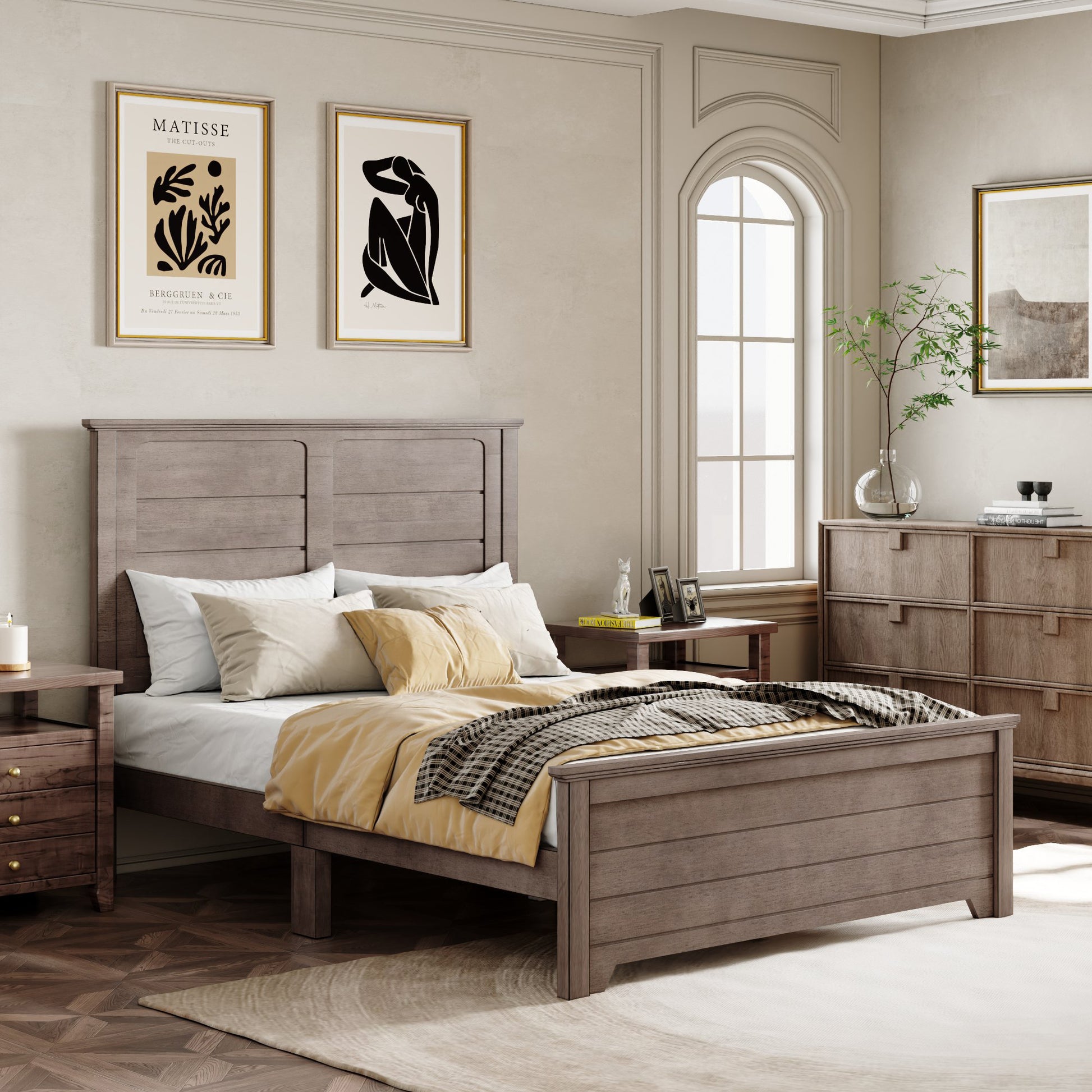 Farmhouse Wooden Platform Queen Size Bed With Panel Design Headboard And Footboard For Teenager, Ash Brown Queen Ash Brown Pine