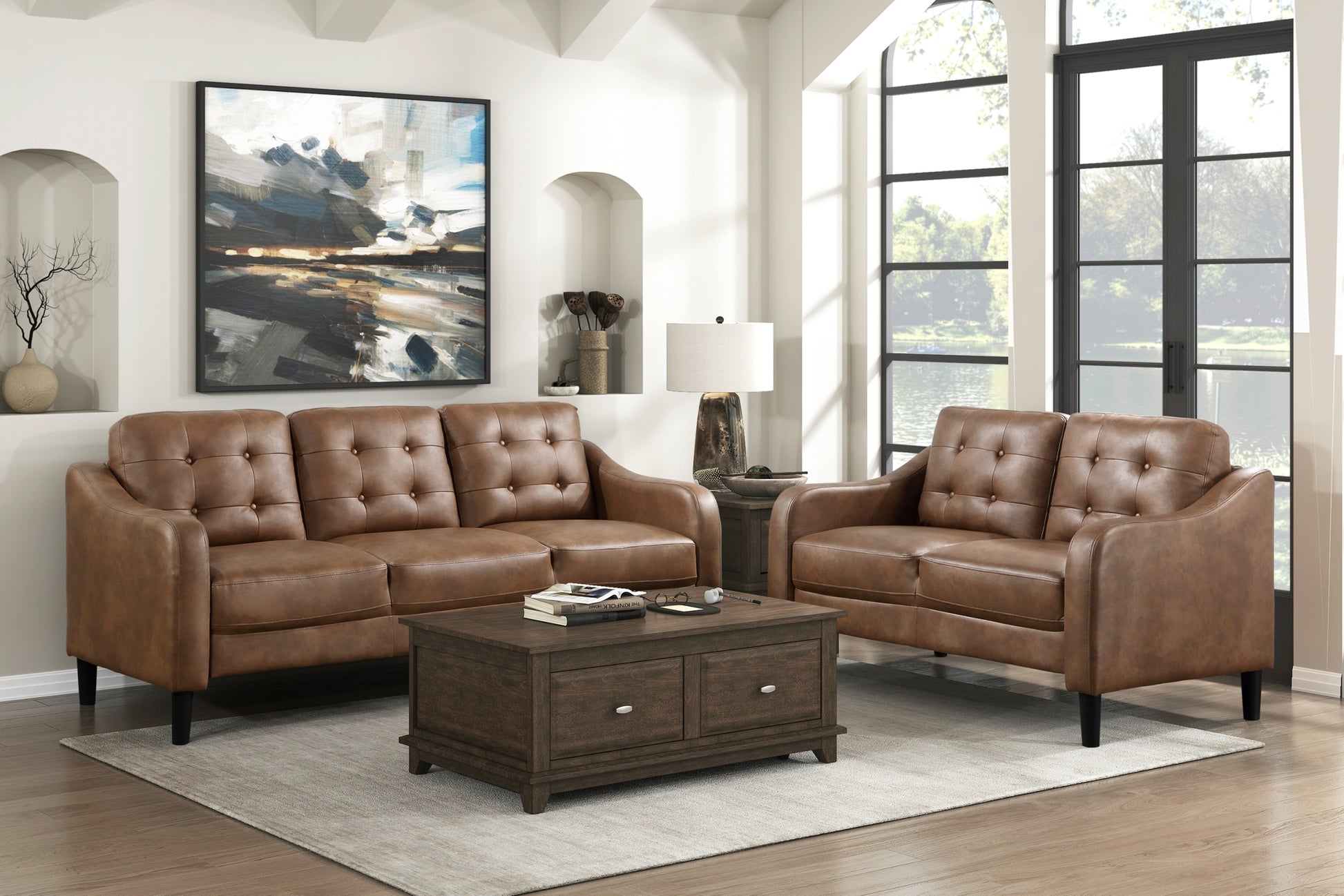 Brown Polished Microfiber Upholstered 1Pc Loveseat Button Tufted Contoured Arms Solid Wood Frame Casual Living Room Furniture Brown Microfiber Wood Primary Living Space Traditional,Transitional Solid Wood