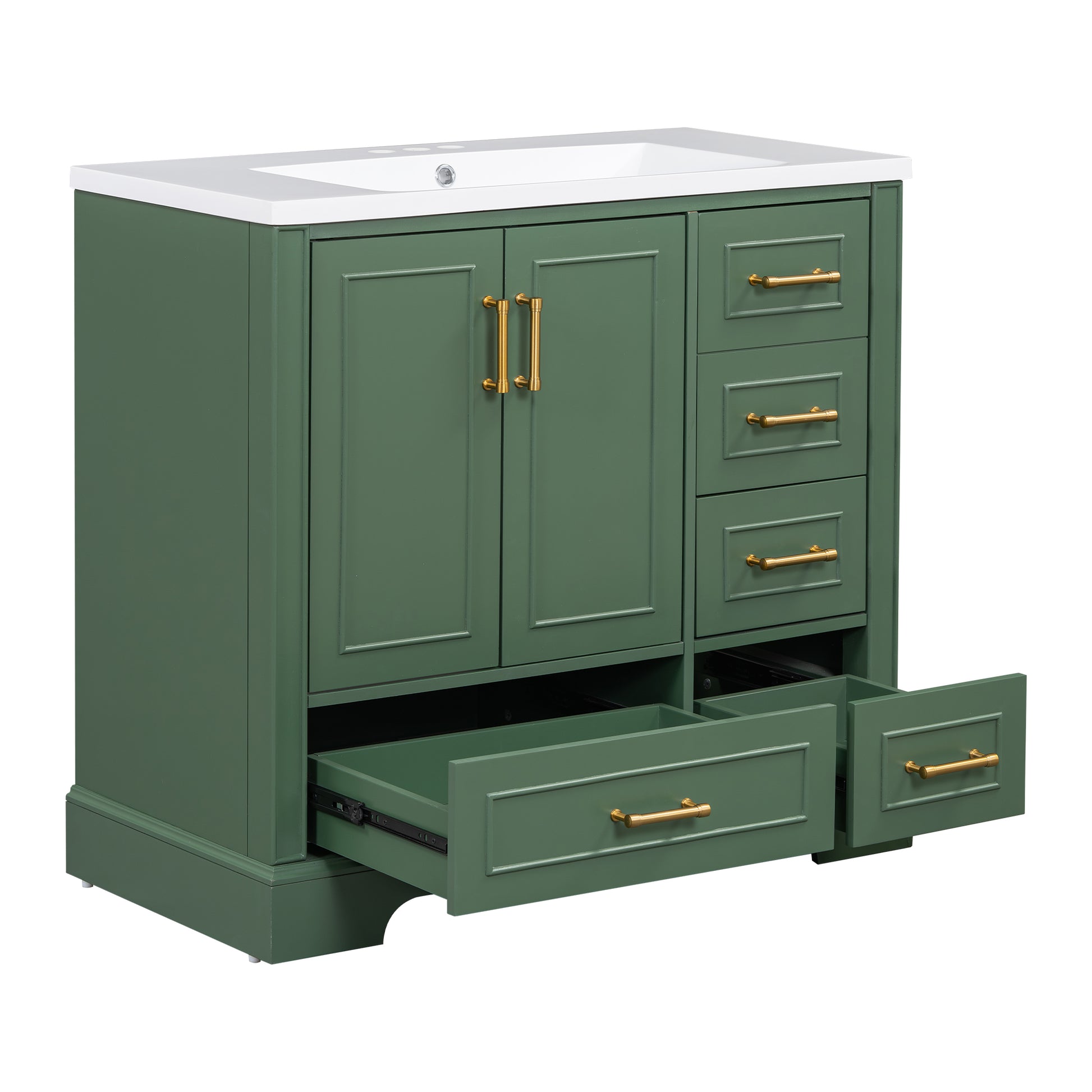 36 Inch Traditional Bathroom Vanity With Resin Sink Combo Set, Green Bathroom Cabinet With Two Doors And Four Drawers Green Bathroom Solid Wood Mdf Resin