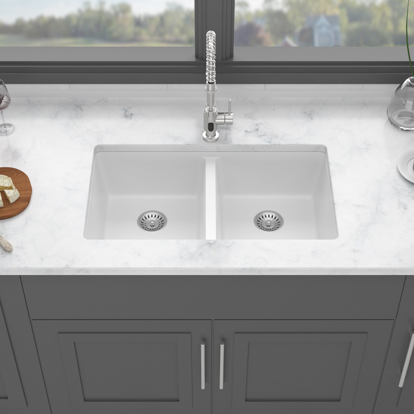 Quartz Kitchen Sink 33X19" White Granite Composite Undermount Kitchen Sink Double Bowl 50 50 White Quartz