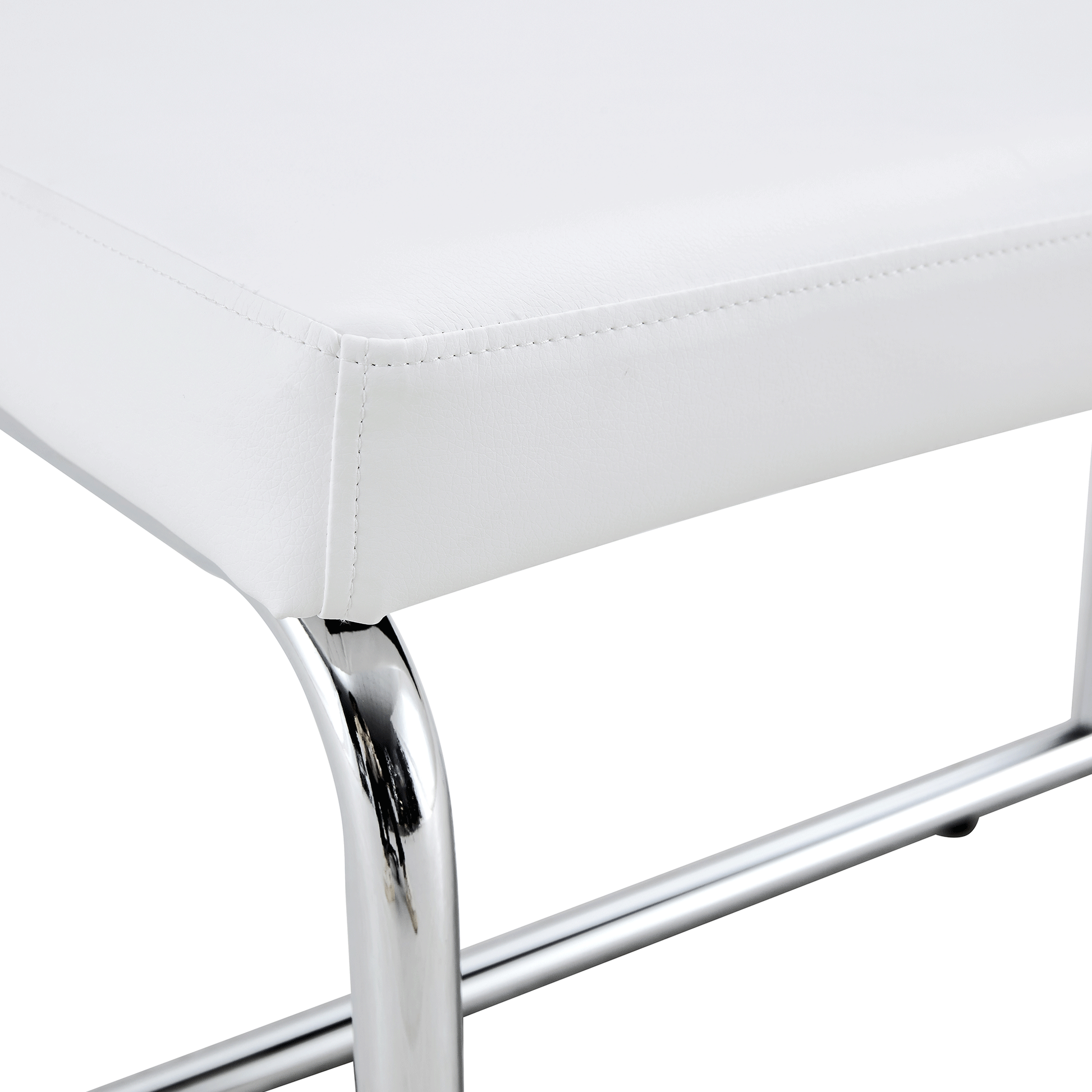 White Shoe Changing Stool, Silver Metal Legs, Sofa Stool Dining Chair, Suitable For Bedroom ,Fitting Room, Storage Room, Dining Room, Living Room. 005 White Pu