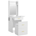 Small Vanity Desk With Mirror And Light, Dressing Table With Charging Station & Fold Up Panel For Small Space, Compact Makeup Vanity Set With Hidden Stool For Bedroom, White White Mdf,Tempered Glass