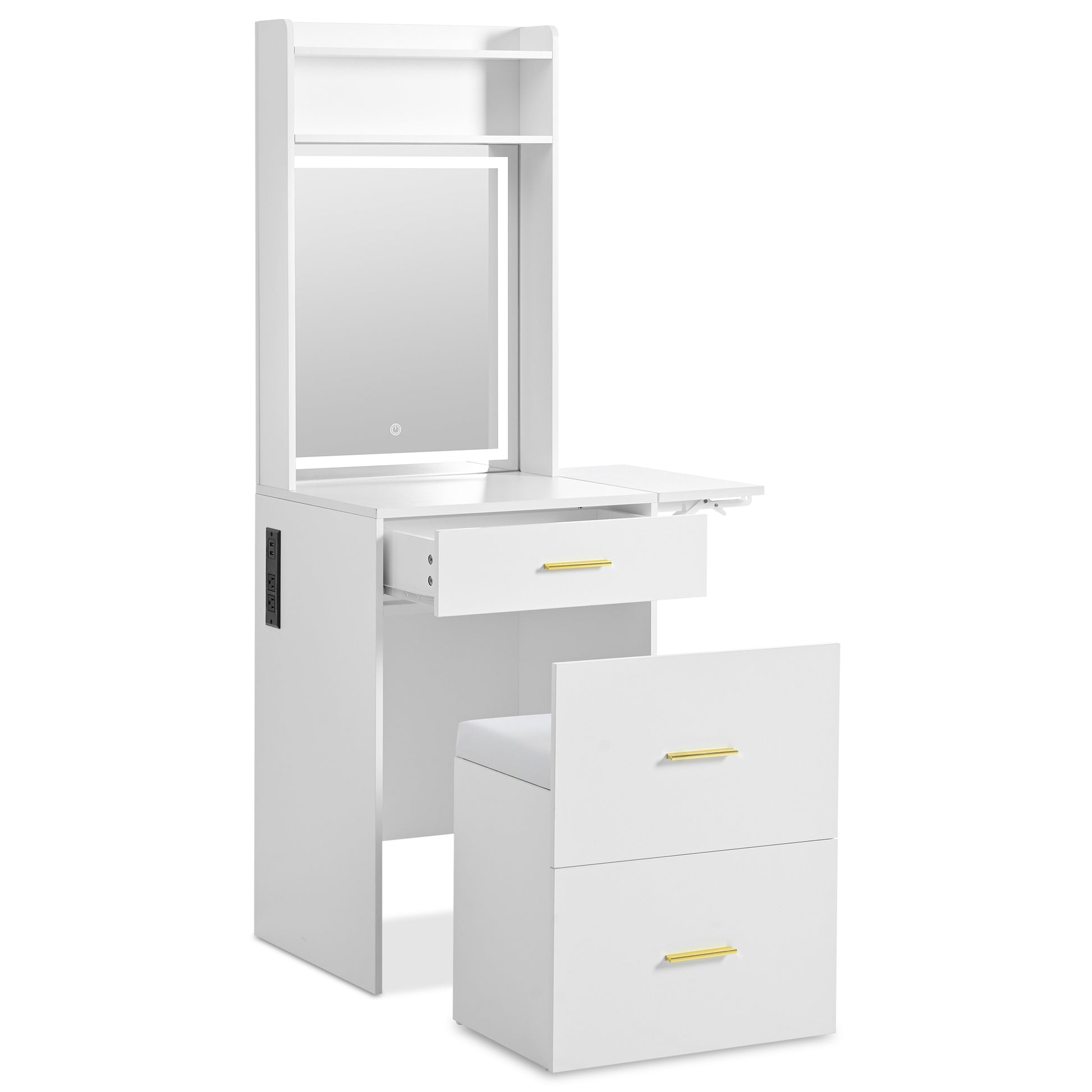 Small Vanity Desk With Mirror And Light, Dressing Table With Charging Station & Fold Up Panel For Small Space, Compact Makeup Vanity Set With Hidden Stool For Bedroom, White White Mdf,Tempered Glass