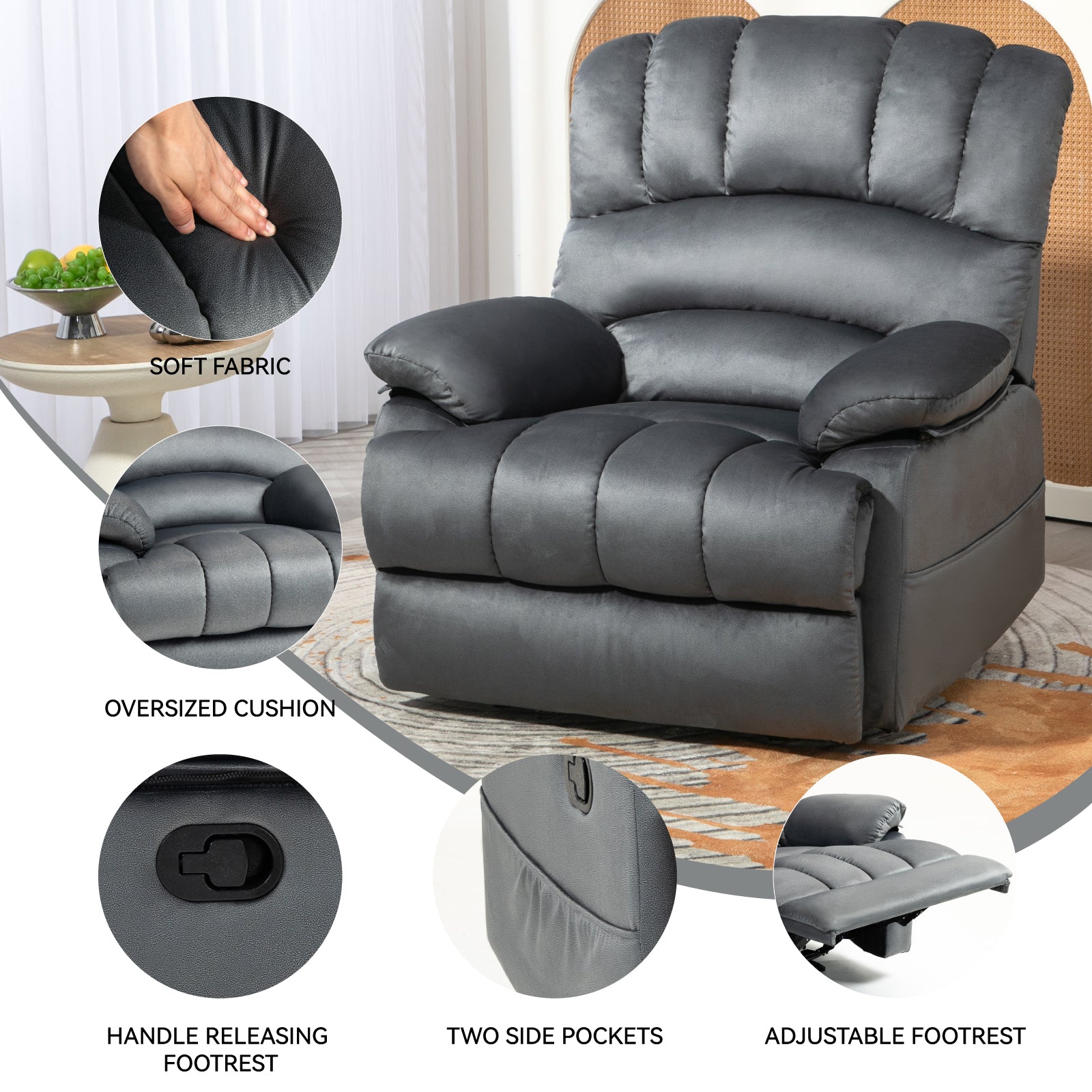 Large Manual Recliner Chair In Fabric For Living Room, Grey Grey Polyester Manual Handle Metal Primary Living Space Medium Firm Cushion Back Heavy Duty American Design Pine Pillow Top Arms Fiber Foam And Polyester Fiber Pad Fabric