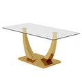 Modern Simple Rectangular Dining Table With Clear Glass Top And Smooth Gold Legs. Suitable For Kitchen, Dining Room And Living Room. Golden Glass