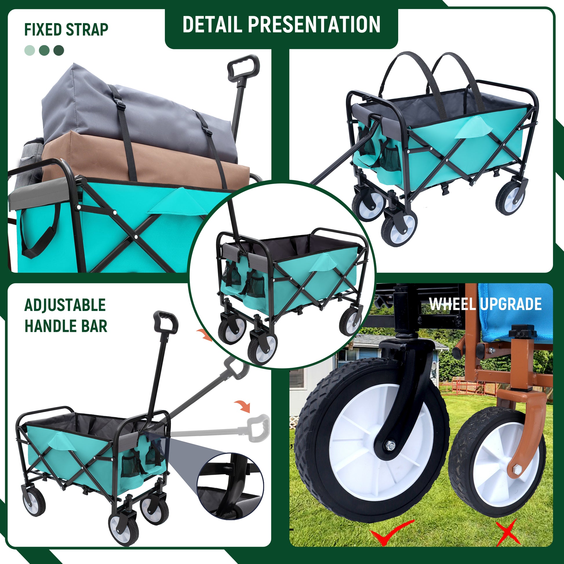 Minimeetall Strap Collapsible Foldable Wagon Cart With Strapping System, Beach Wagonutility Cartutility Wagon Grocery Cart For Camping Shopping Sports Gardeing Fishing Supports 225Lbs Green Green