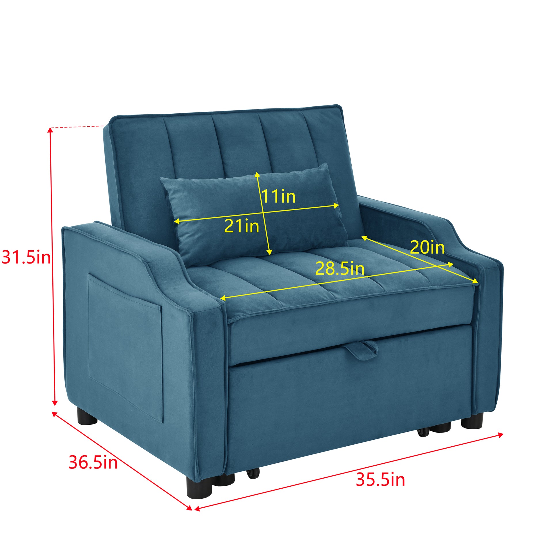 Modern Velvet Armchair Sofa Couch Pull Out Bed,3 In One Convertible For Living Room Sofa Bed,Blue Blue Primary Living Space Medium Soft Cushion Back Medium Duty American Design Pillow Top Arms Foam Velvet 1 Seat