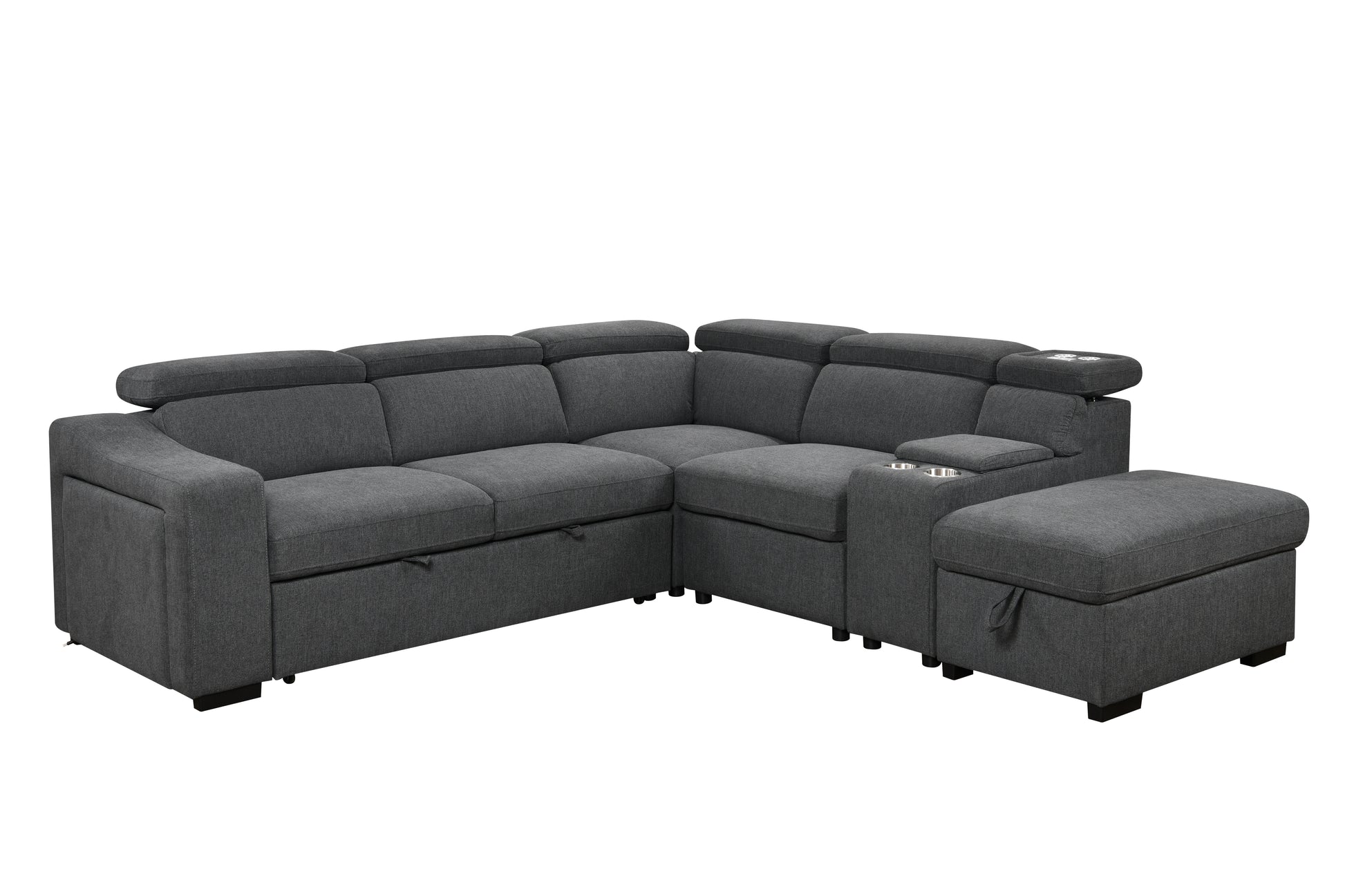 105"L Shape Sectional Sofa With Pull Out Bed And Ottoman Storage Space, Right Chaise Longue,Convertible Sleeper Couch, Tea W 2 Cup Holders & Storage & W Led, For Living Room, Apartment, Dark Gray