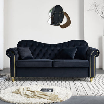 82.68'' Mid Century Modern Velvet Couch Chesterfield Sofa For Living Room,Hotel,Guest Room,Waiting Room, Black Color Black Velvet Wood Primary Living Space Medium Soft Tufted Back Modern Rolled Arms