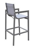 Marina Outdoor Patio Barstool In Gray Powder Coated Finish With Gray Sling Textilene And Gray Wood Accent Arms Gray Textilene Aluminium