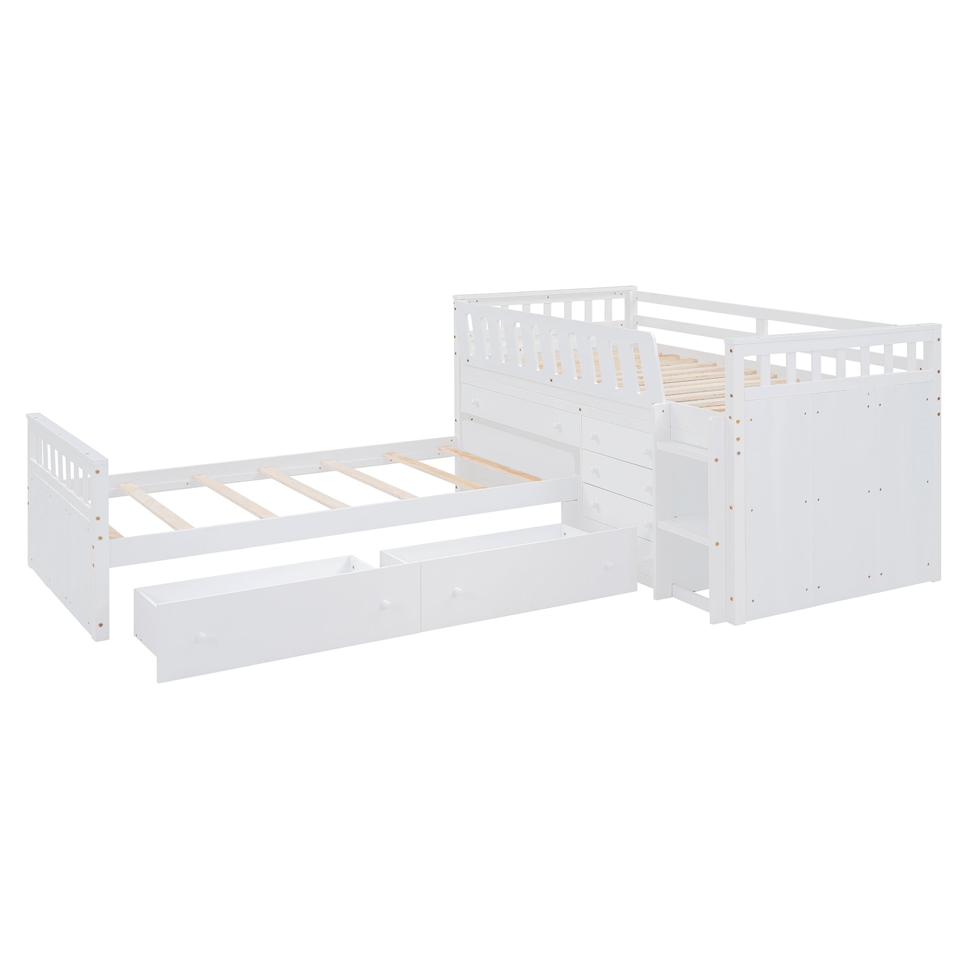 L Shaped Space Saving Twin Loft And Twin Platform Bed With 7 Drawers And Full Guardrails White Twin White Solid Wood