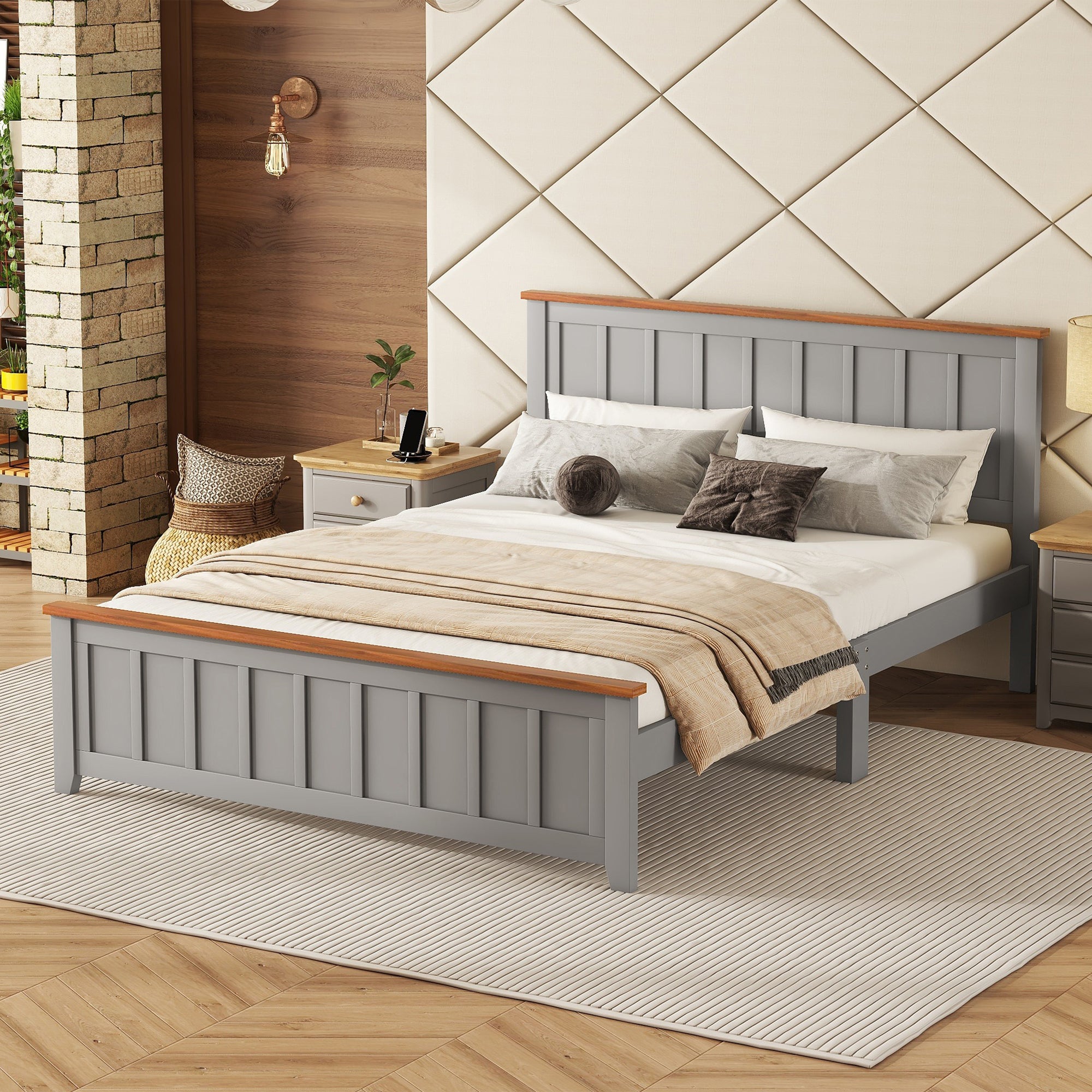 Queen Size Wood Platform Bed Wooden Slat Support, Vintage Simple Bed Frame With Rectangular Headboard And Footboard, Grey Box Spring Not Required Queen Grey Wood