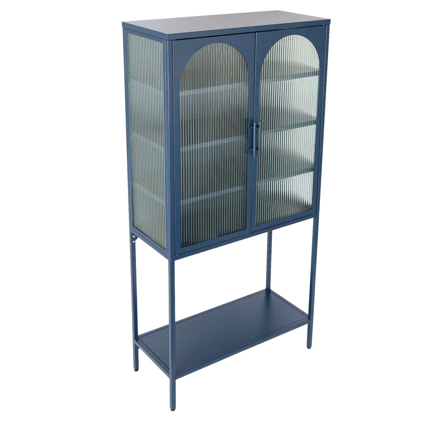 Elegant Floor Cabinet With 2 Glass Arched Doors Living Room Display Cabinet With Adjustable Shelves Anti Tip Dust Free Easy Assembly Blue Blue Tempered Glass Sheet Metal Plastic