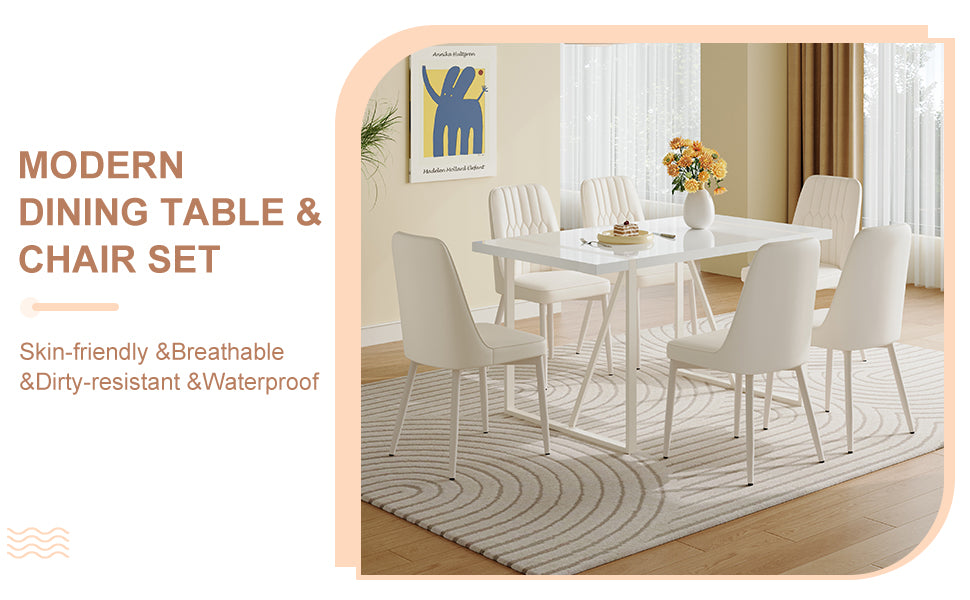 55"X31.5" Cream Style White Mdf Dining Table Set With 6 Armless Cream Style Chairs.Mdf Tabletop And Metal Frame Legs.Adding A Warm And Gentle Atmosphere To Your Family. White Seats 6 Mdf Metal