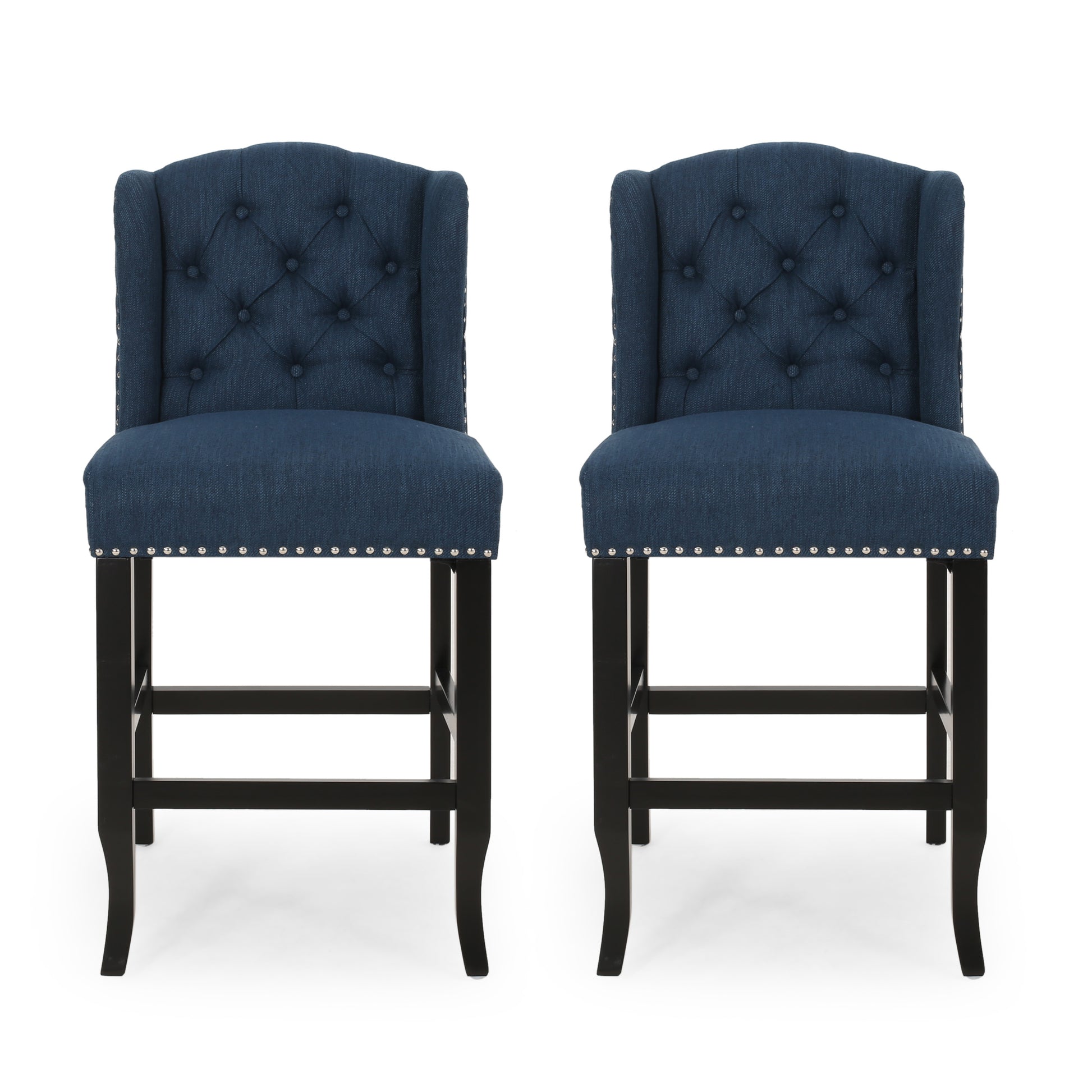 Vienna Contemporary Fabric Tufted Wingback 27 Inch Counter Stools, Set Of 2, Navy Blue And Dark Brown Navy Blue Fabric