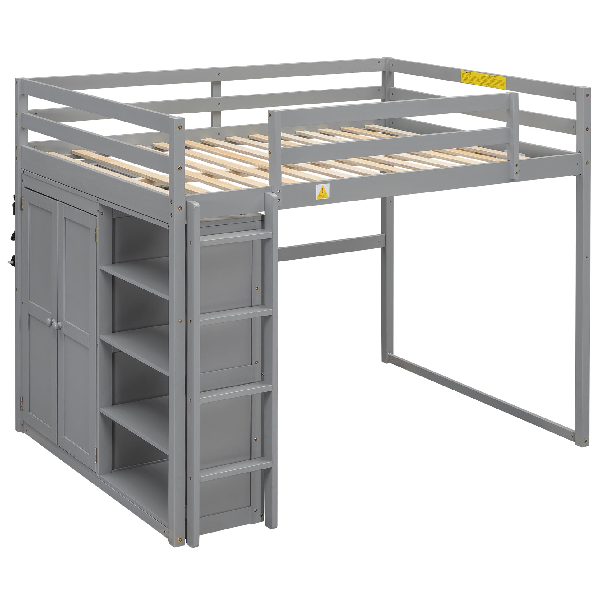 Wood Full Size Loft Bed With Built In Wardrobe And Storage Shelves, Led Light, Gray Box Spring Not Required Full Gray Wood Bedroom Bed Frame Solid Wood Mdf