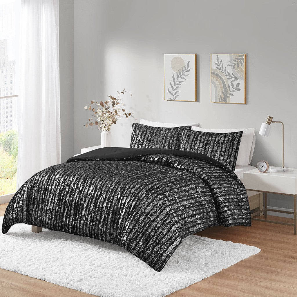 Metallic Print Faux Fur Comforter Set Queen Black Silver Polyester