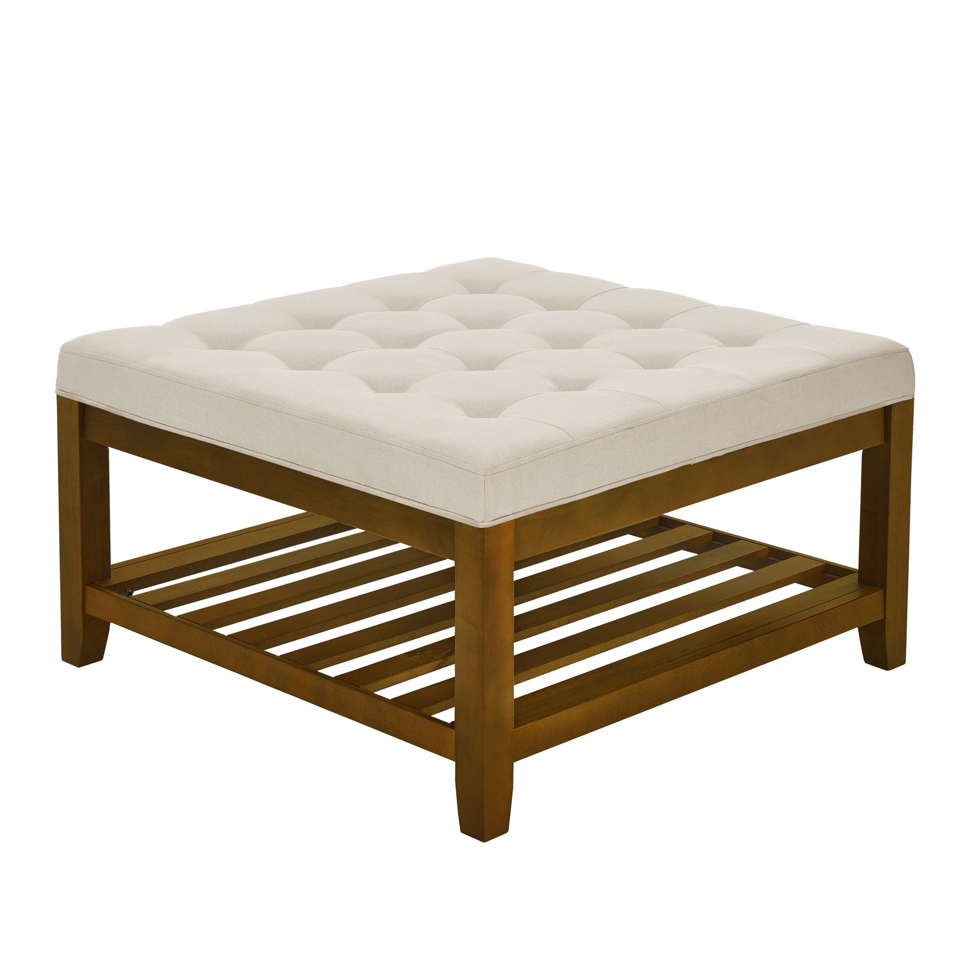 Upholstered Coffee Table Tufted Linen Large Square Ottoman With Beech Wood Shelf And Frame, Oversized Footrest Ottoman For Living Room,Office,Bedroom,Outdoor Ivory Ivory Light Brown Primary Living Space Classic Beech Polyurethane Foam Linen