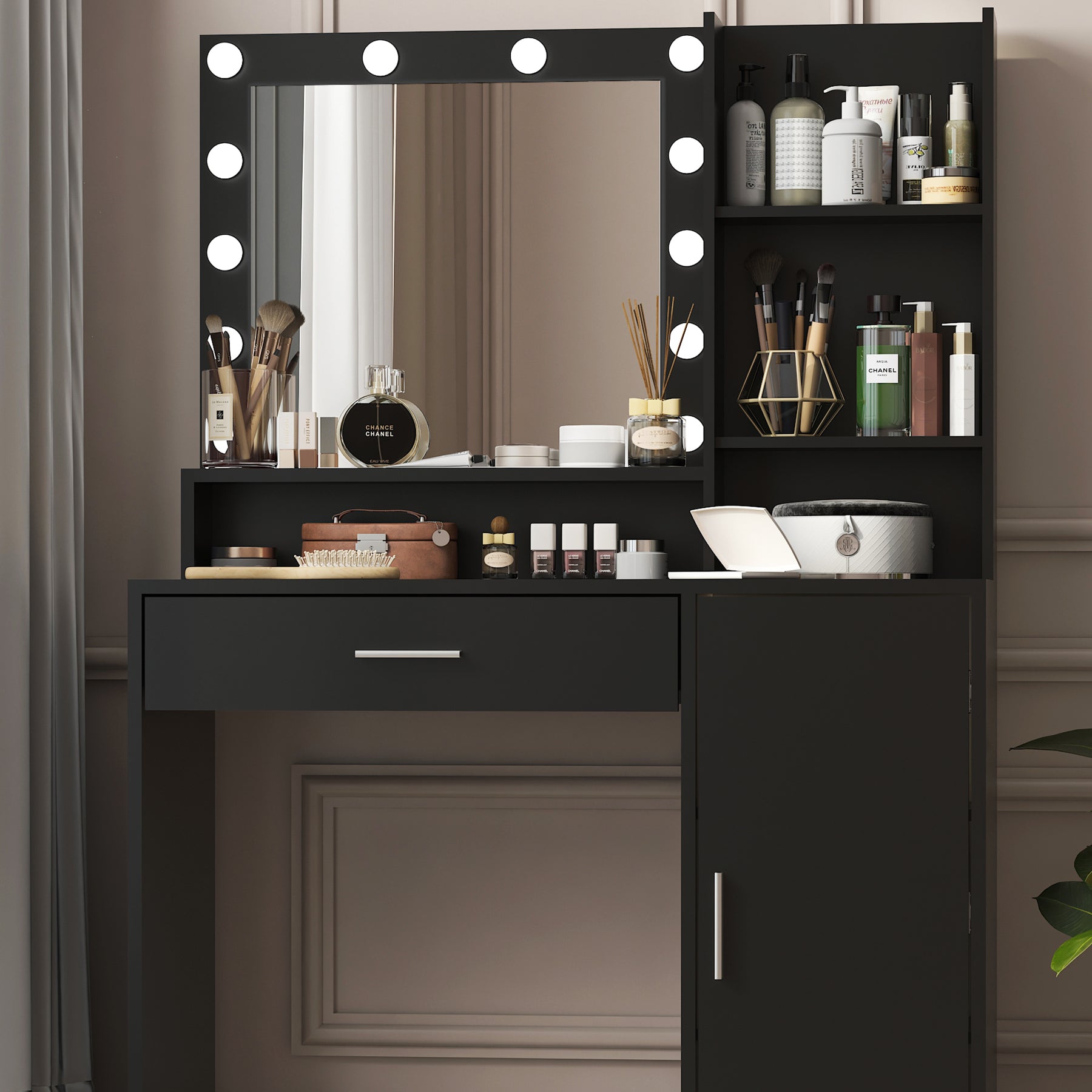 Vanity Desk With Mirror & Light, Large Drawer Three Level Storage Dresser, 3 Lighting Modes Adjustable Brightness, Bedroom Dressing Table Black Black Particle Board